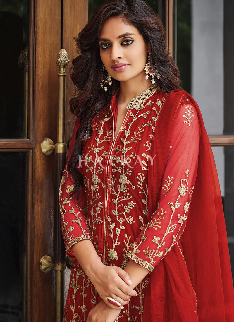 Red Embroidered Designer Anarkali Suit