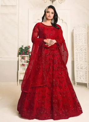 Red Embroidered Flared Anarkali Suit