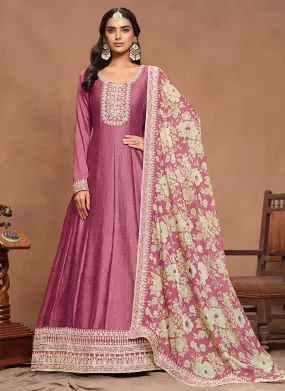 Rose Pink Embroidery Silk Anarkali Suit