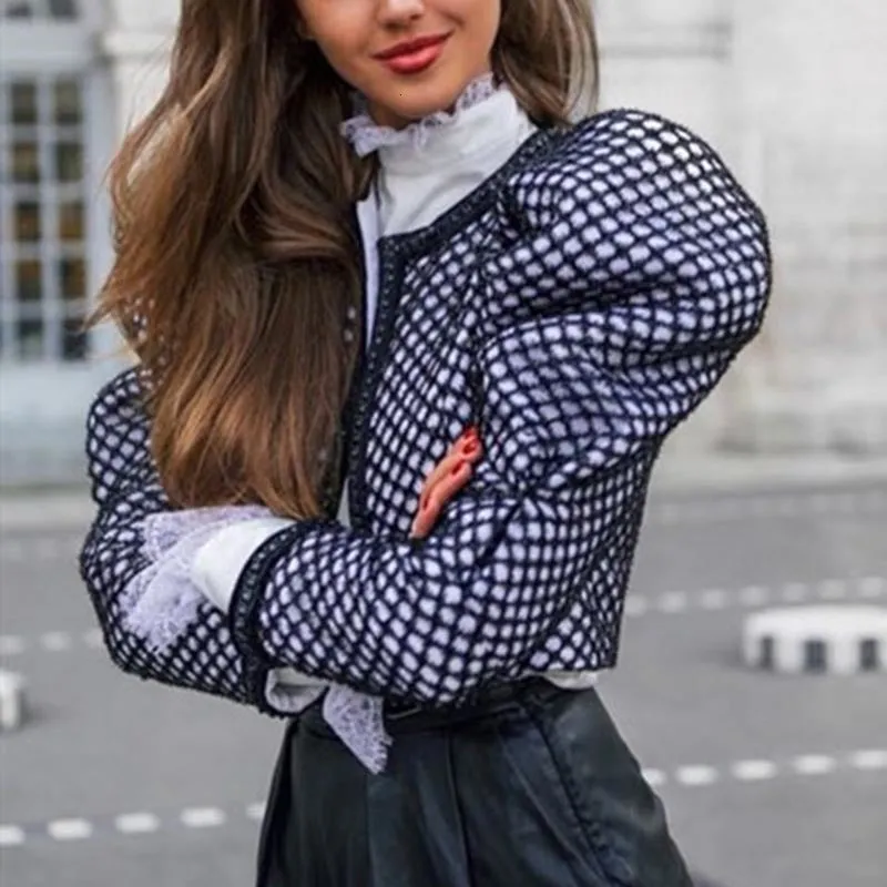 Ruched Plaid Jackets For Women O Neck Puff Long Sleeve Ruched Short Female Coats Autumn Fashion Clothing