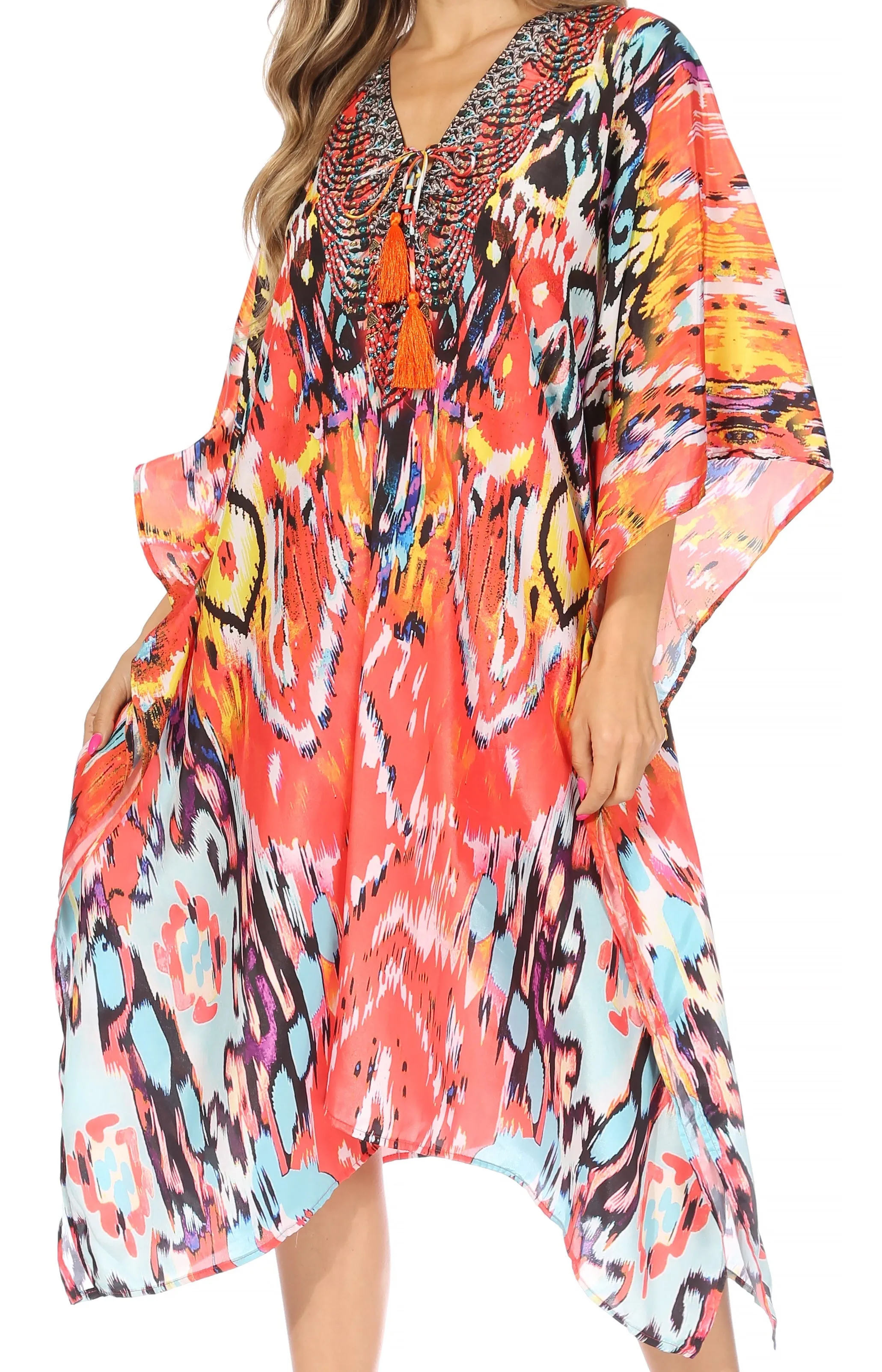 Sakkas Kristy Long Tall Lightweight Caftan Dress / Cover Up With V-Neck Jewels