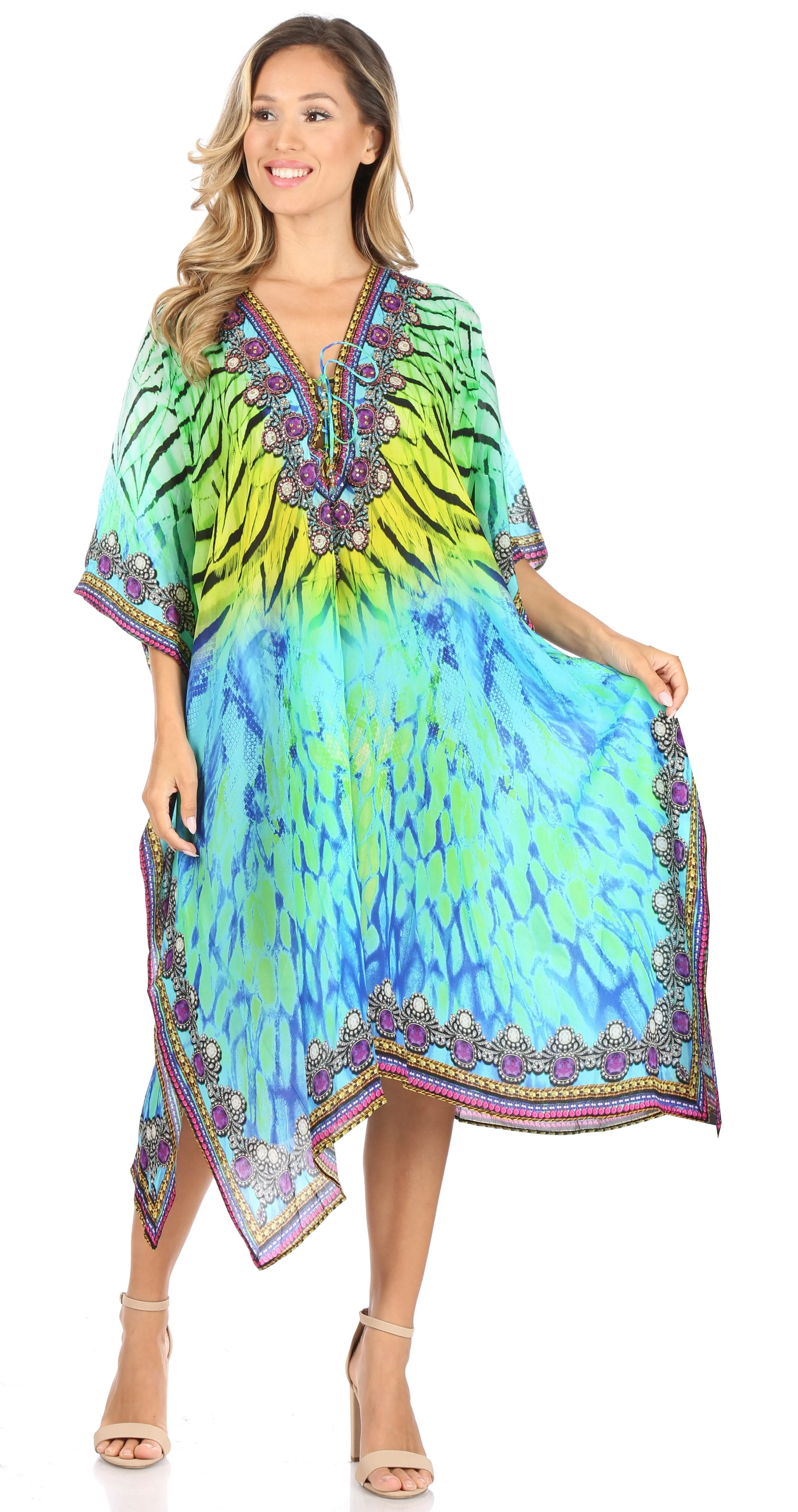 Sakkas Kristy Long Tall Lightweight Caftan Dress / Cover Up With V-Neck Jewels