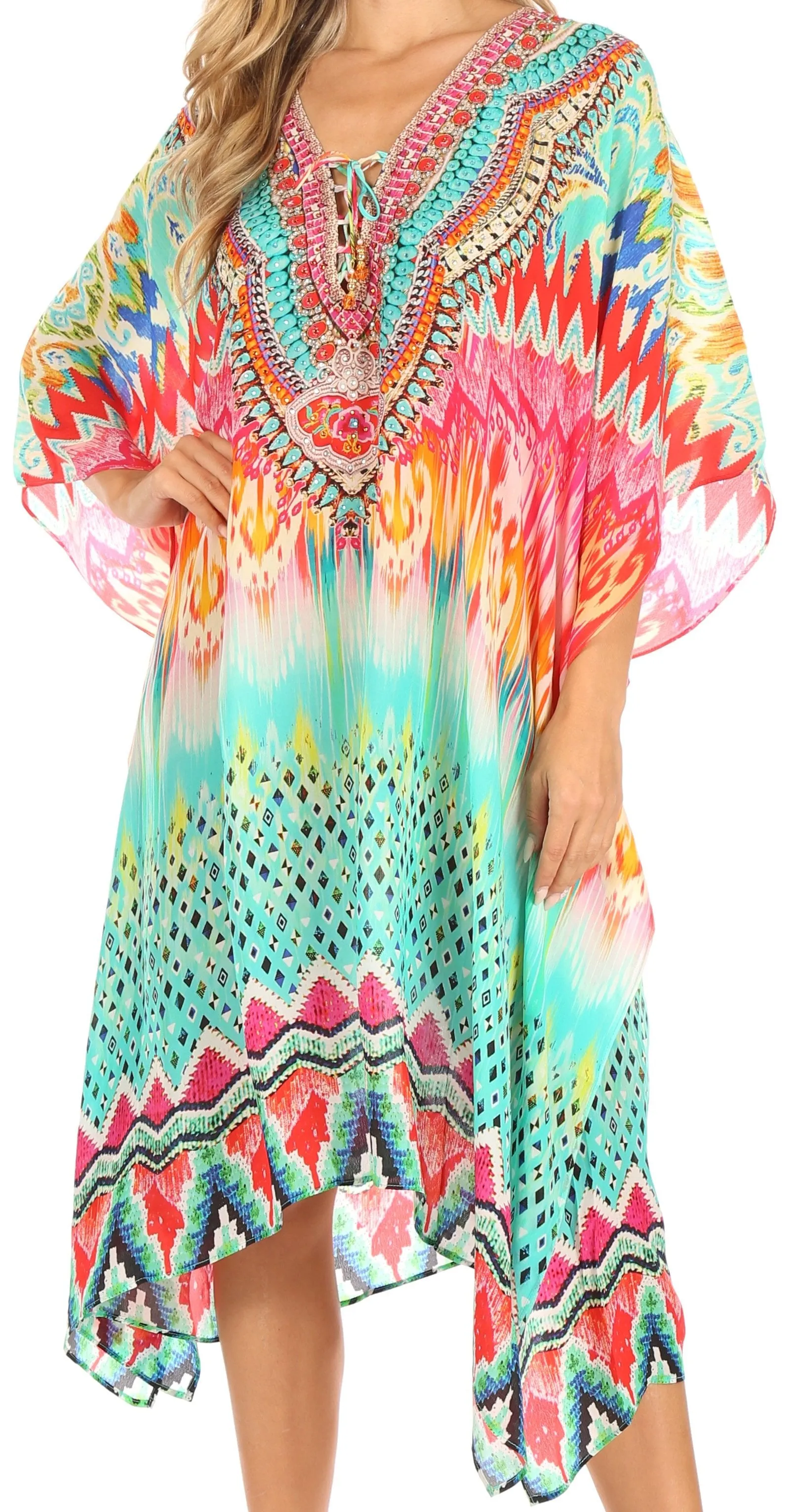 Sakkas Kristy Long Tall Lightweight Caftan Dress / Cover Up With V-Neck Jewels