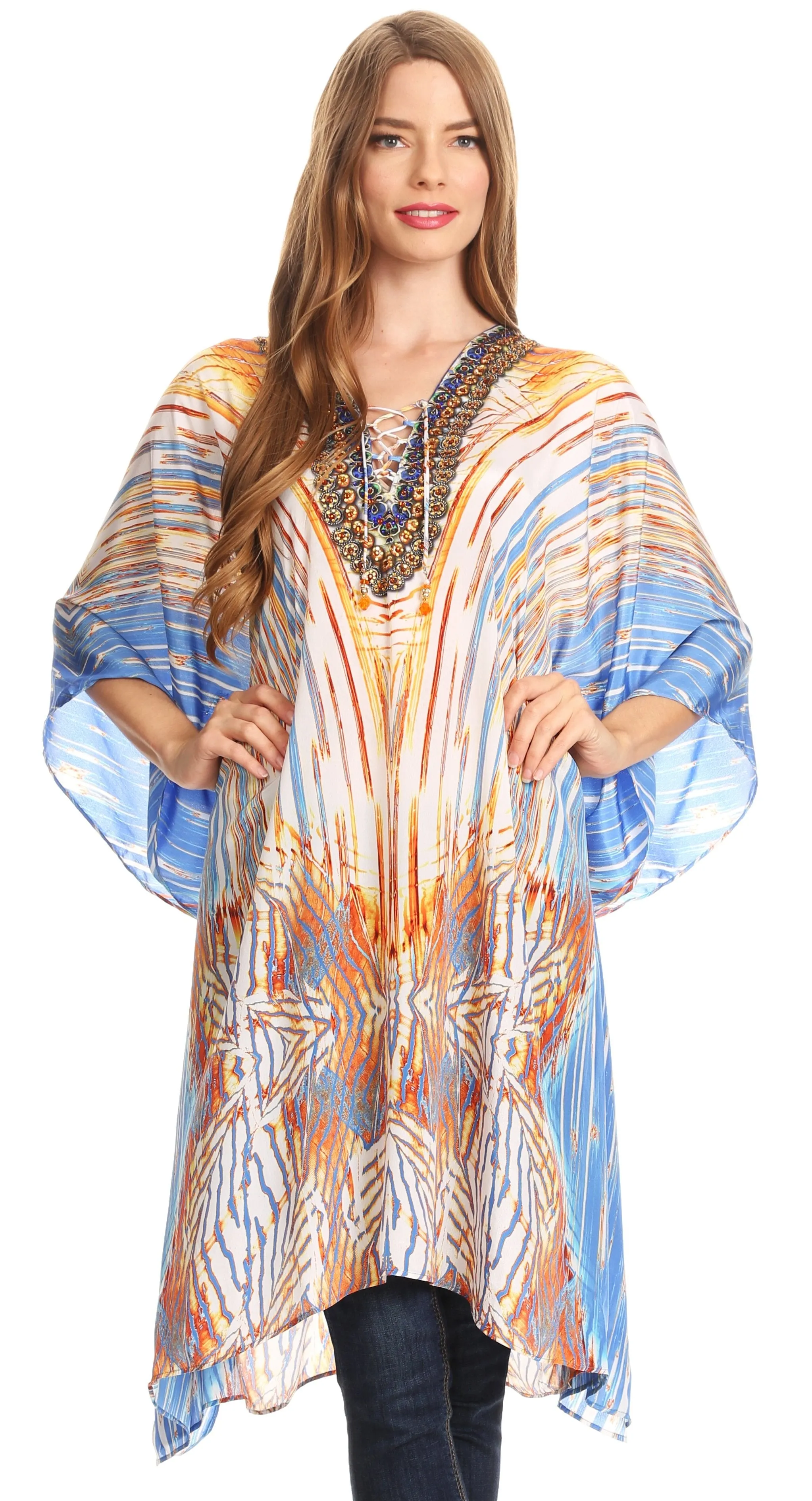 Sakkas Kristy Long Tall Lightweight Caftan Dress / Cover Up With V-Neck Jewels