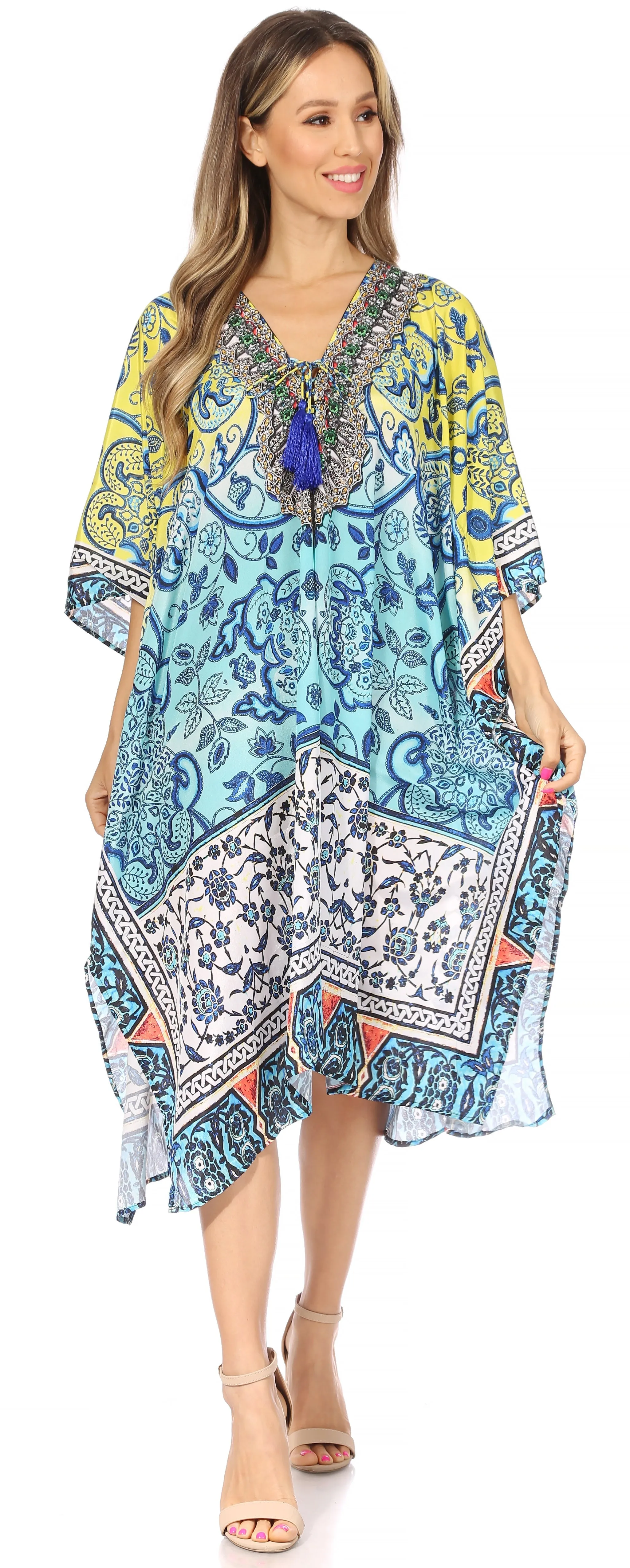 Sakkas Kristy Long Tall Lightweight Caftan Dress / Cover Up With V-Neck Jewels