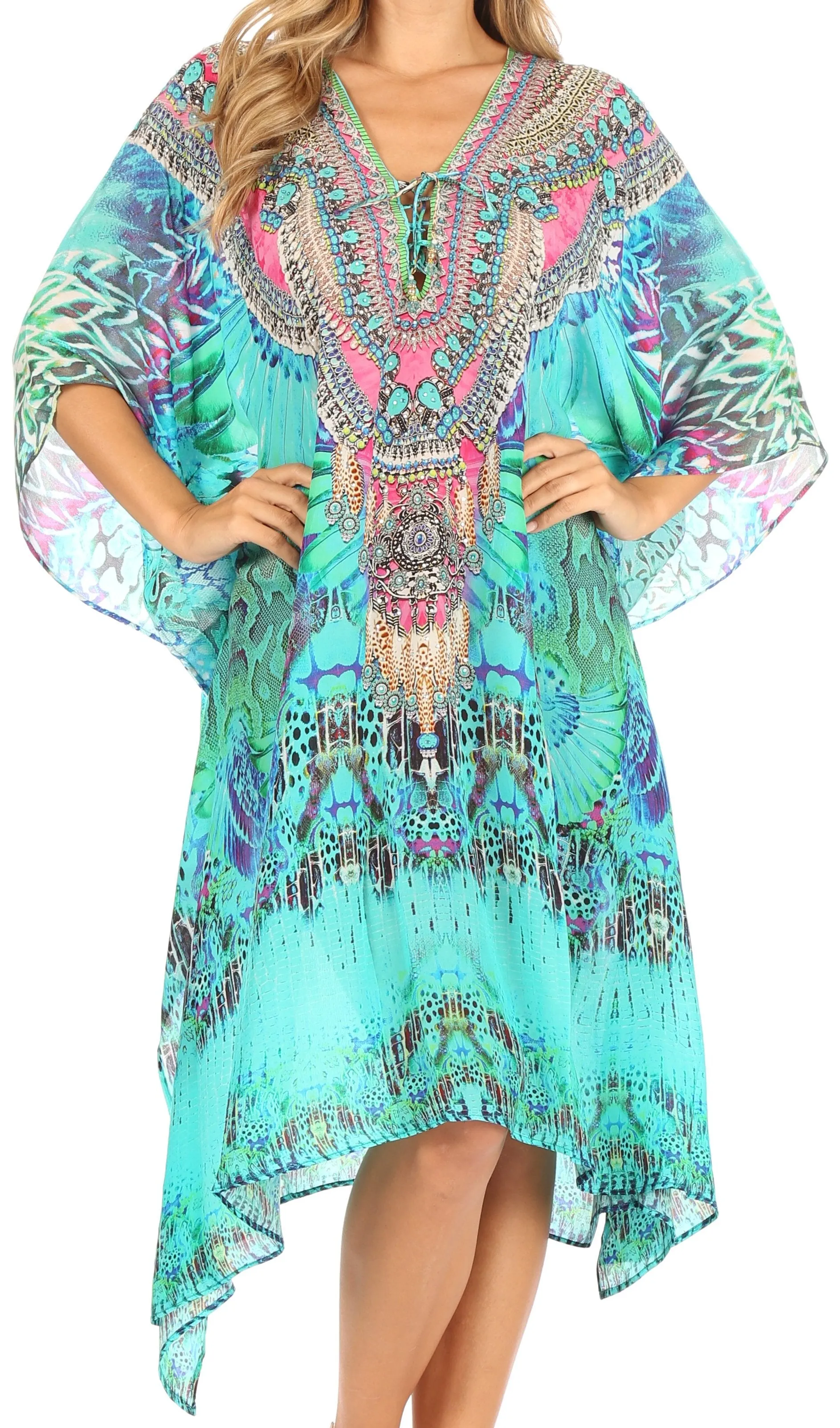 Sakkas Kristy Long Tall Lightweight Caftan Dress / Cover Up With V-Neck Jewels