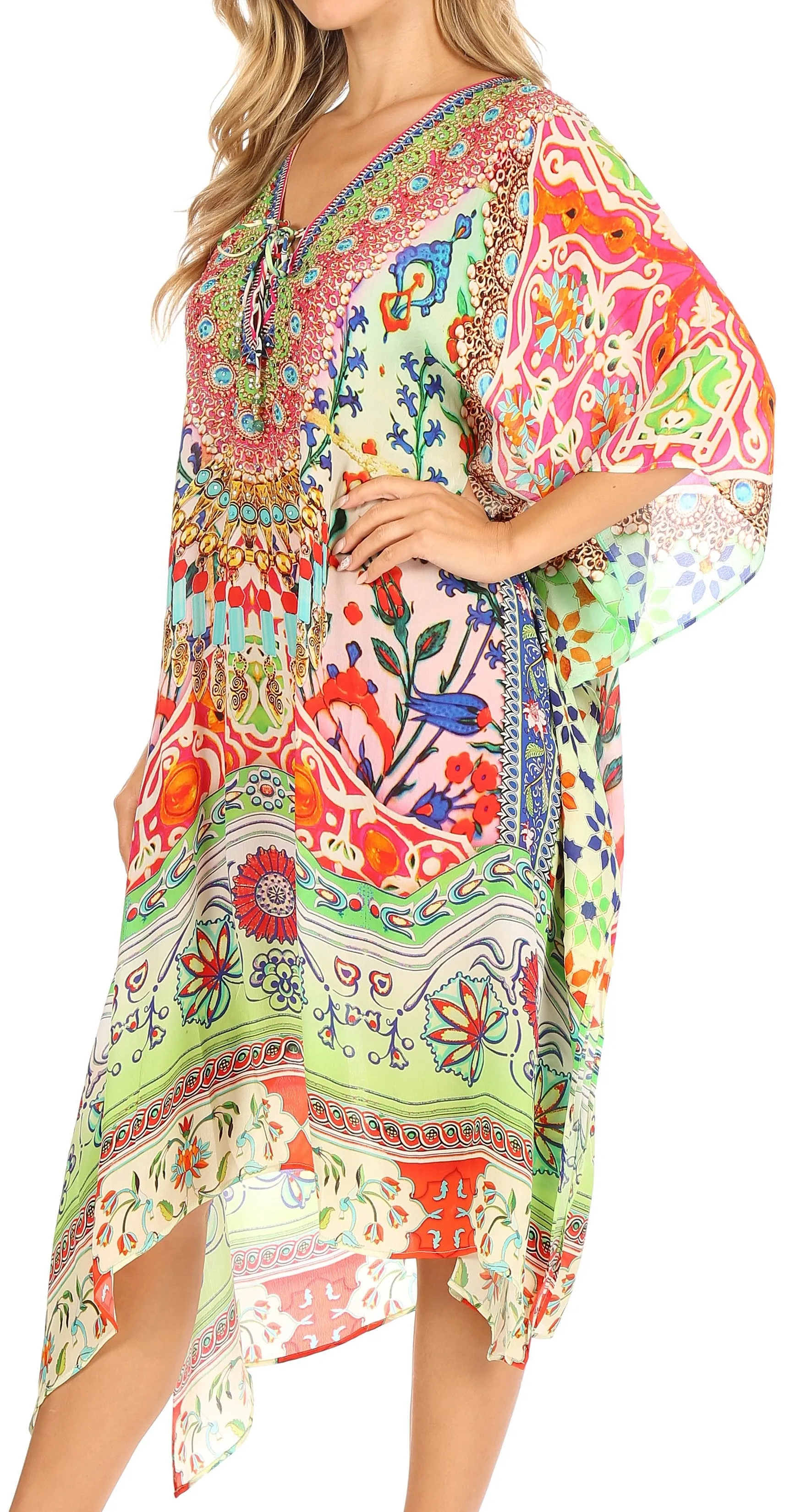 Sakkas Kristy Long Tall Lightweight Caftan Dress / Cover Up With V-Neck Jewels