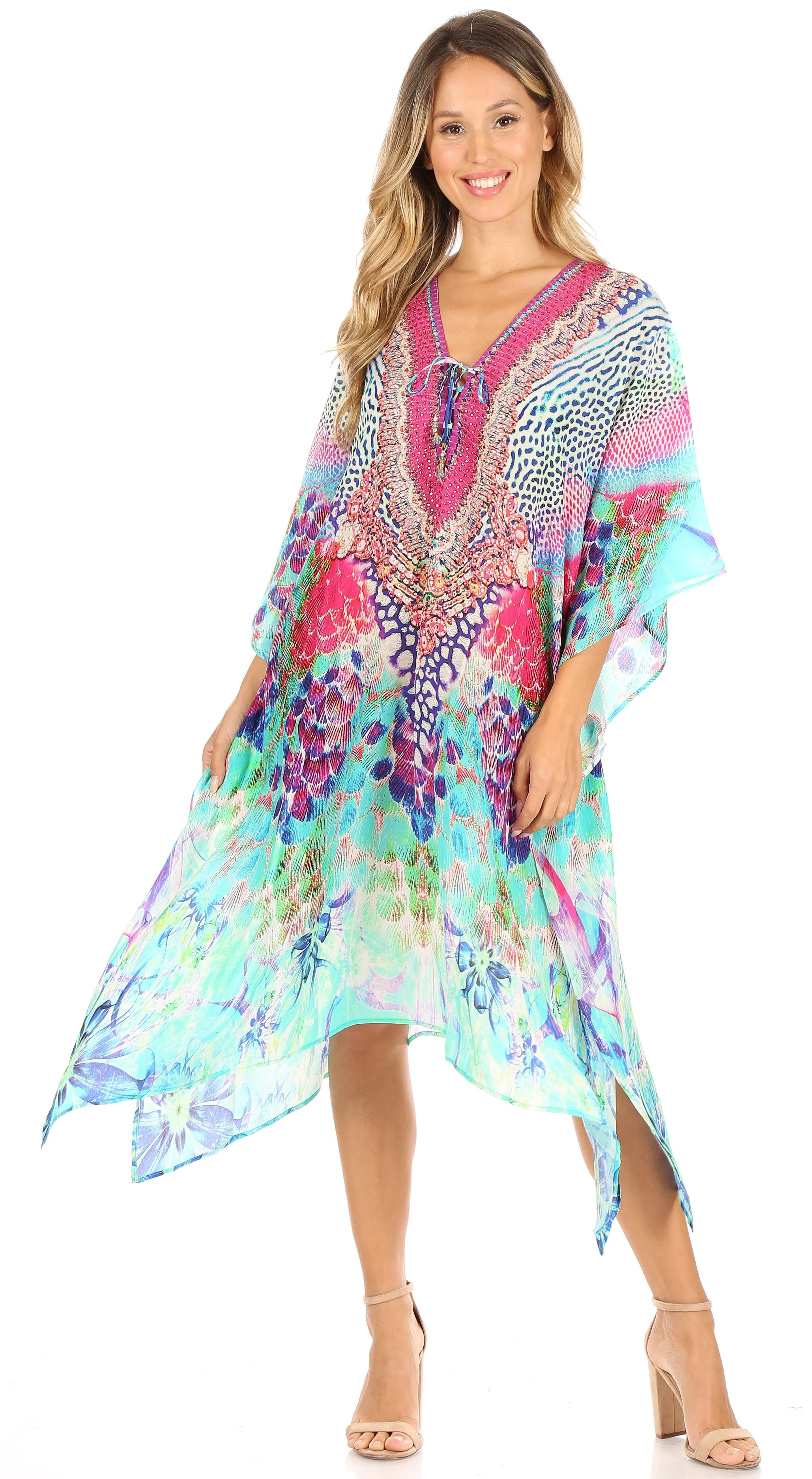 Sakkas Kristy Long Tall Lightweight Caftan Dress / Cover Up With V-Neck Jewels