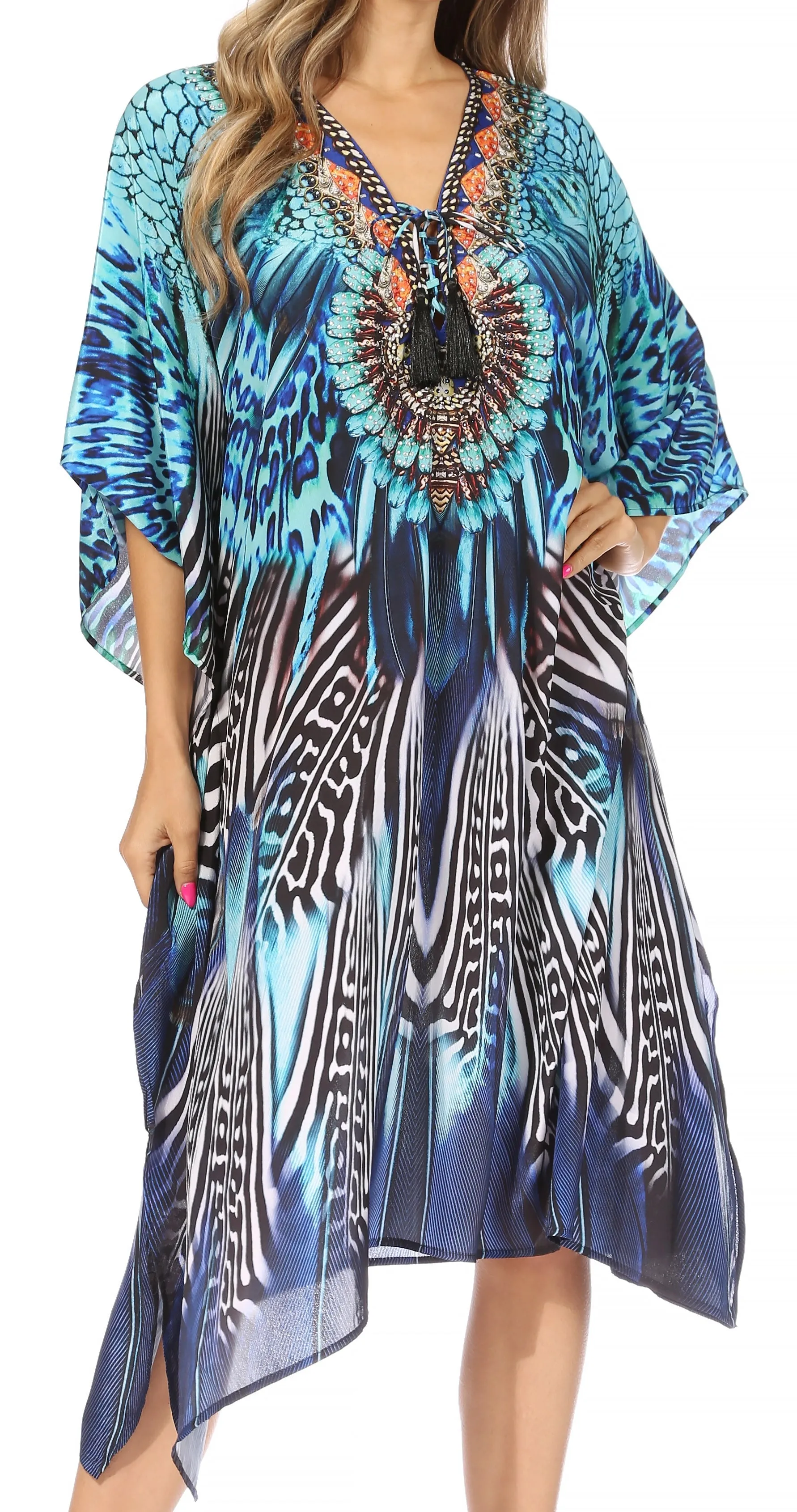 Sakkas Kristy Long Tall Lightweight Caftan Dress / Cover Up With V-Neck Jewels