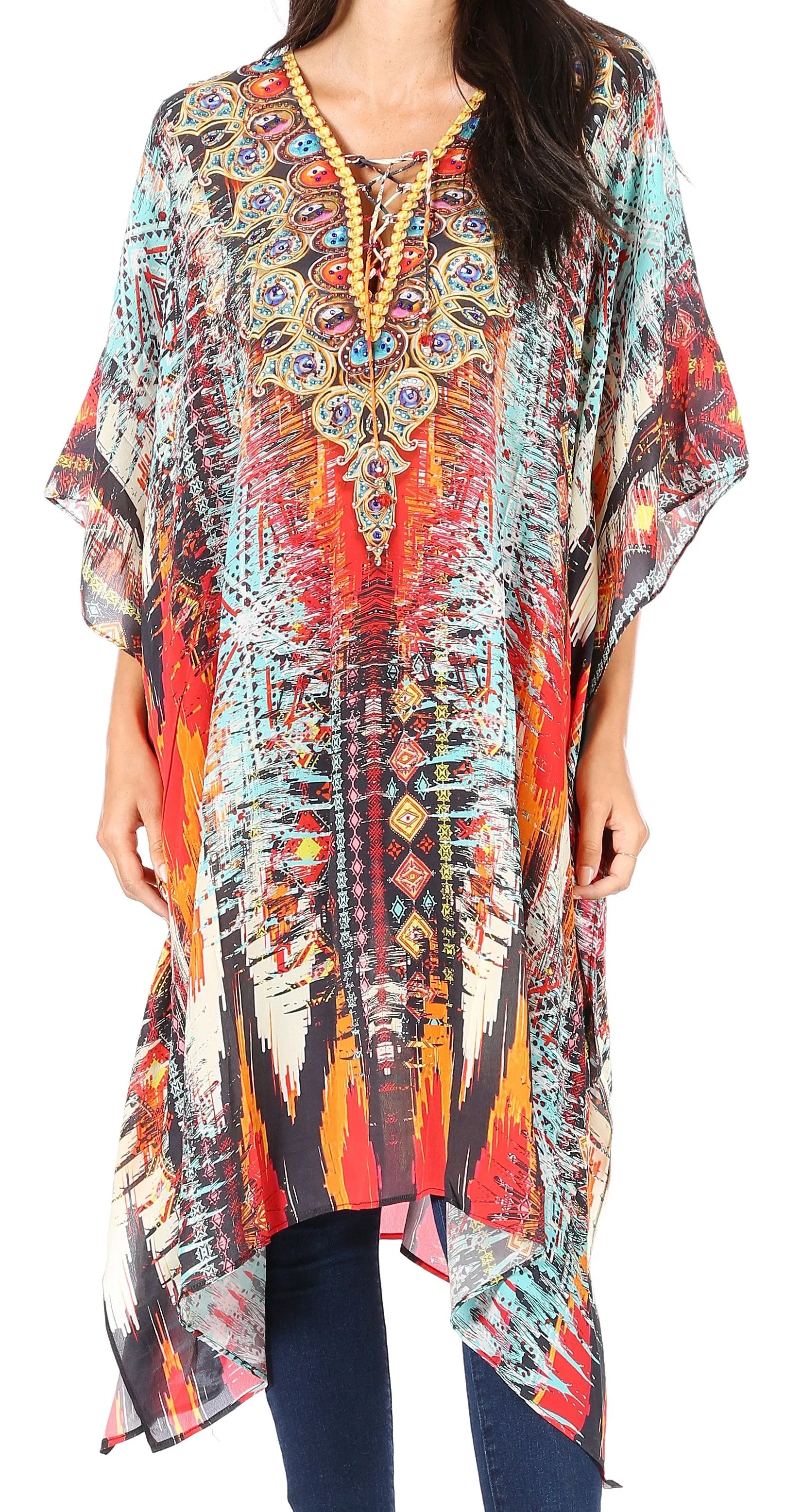 Sakkas Kristy Long Tall Lightweight Caftan Dress / Cover Up With V-Neck Jewels