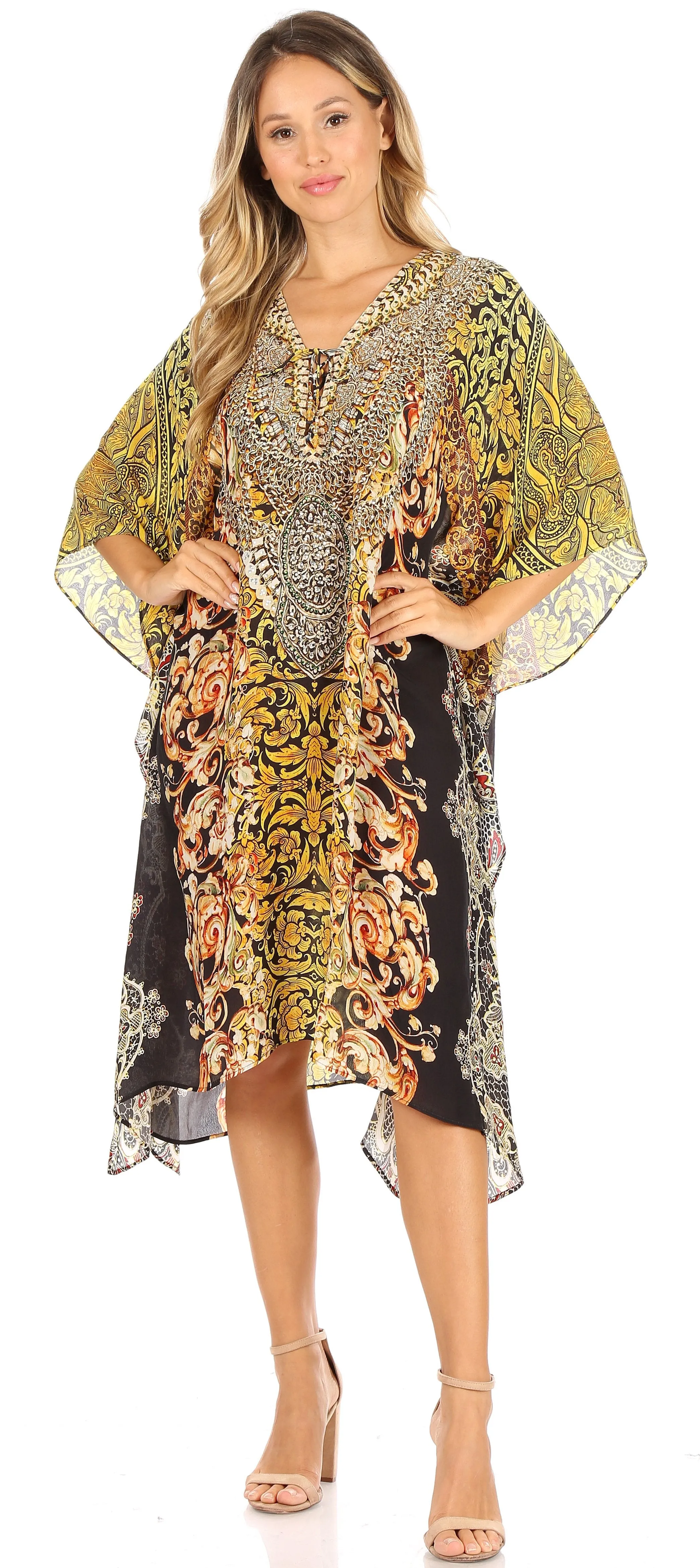 Sakkas Kristy Long Tall Lightweight Caftan Dress / Cover Up With V-Neck Jewels