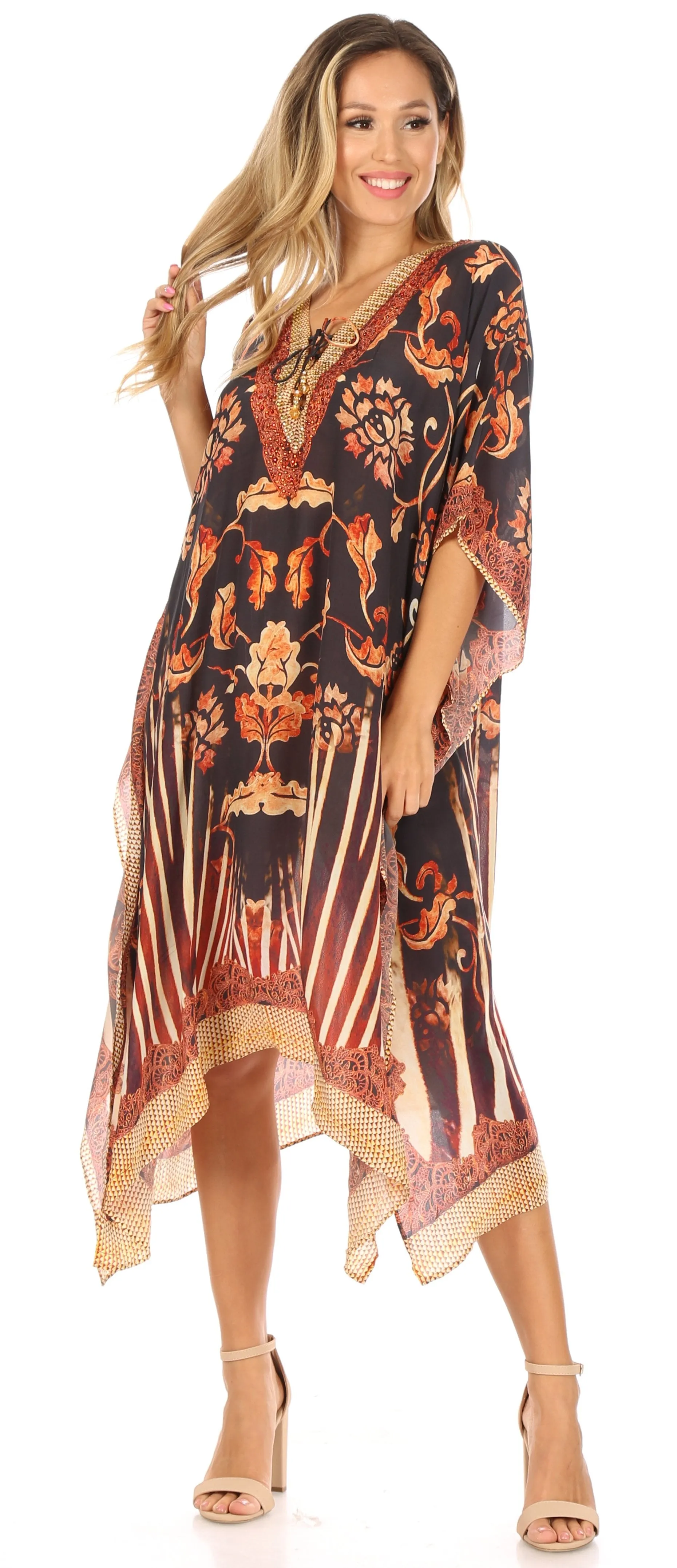 Sakkas Kristy Long Tall Lightweight Caftan Dress / Cover Up With V-Neck Jewels