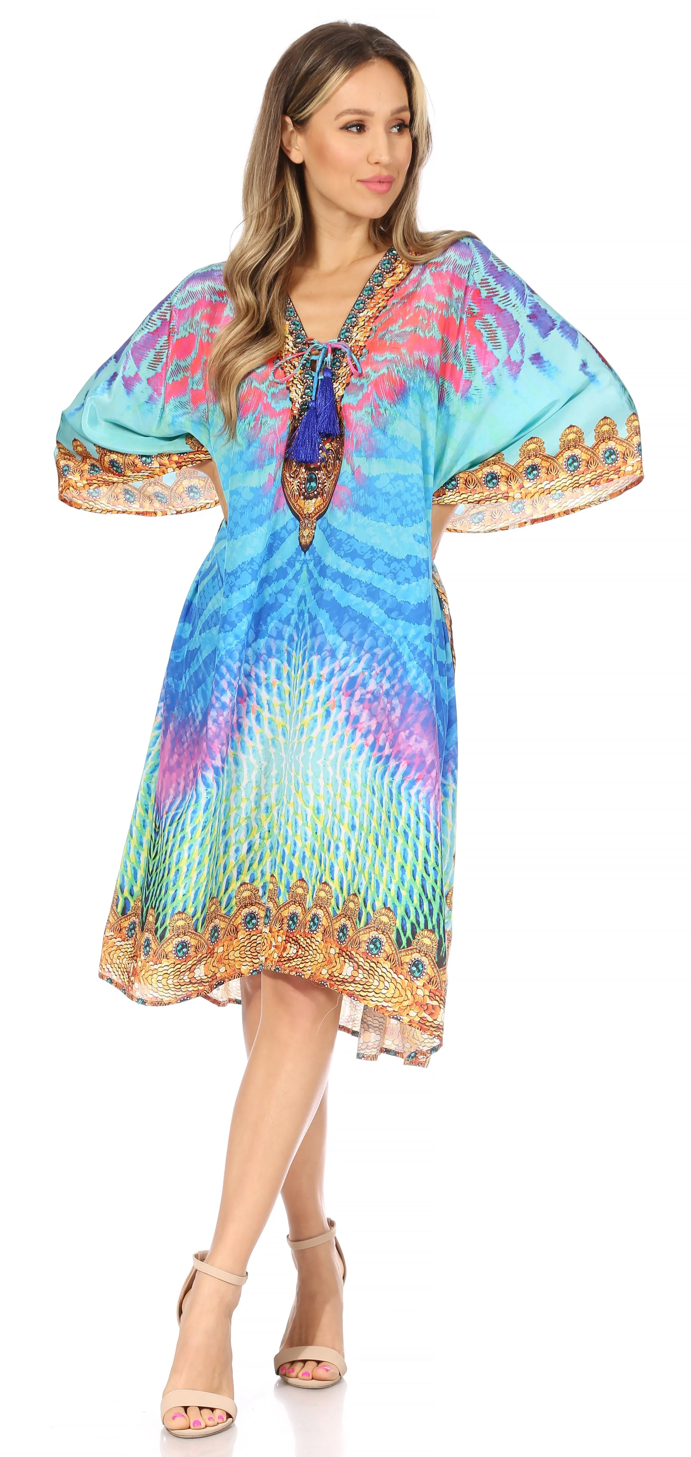 Sakkas Kristy Long Tall Lightweight Caftan Dress / Cover Up With V-Neck Jewels