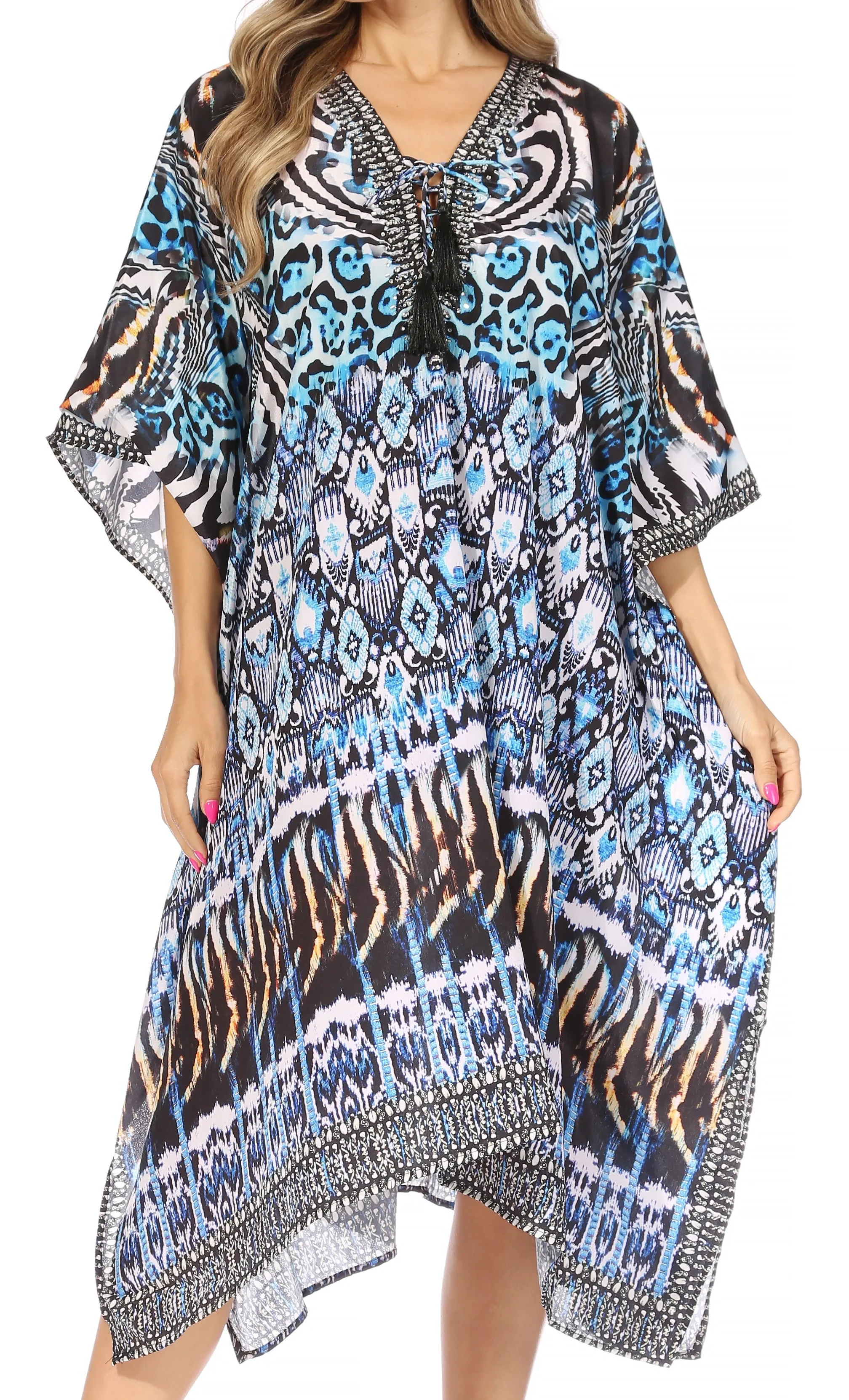 Sakkas Kristy Long Tall Lightweight Caftan Dress / Cover Up With V-Neck Jewels