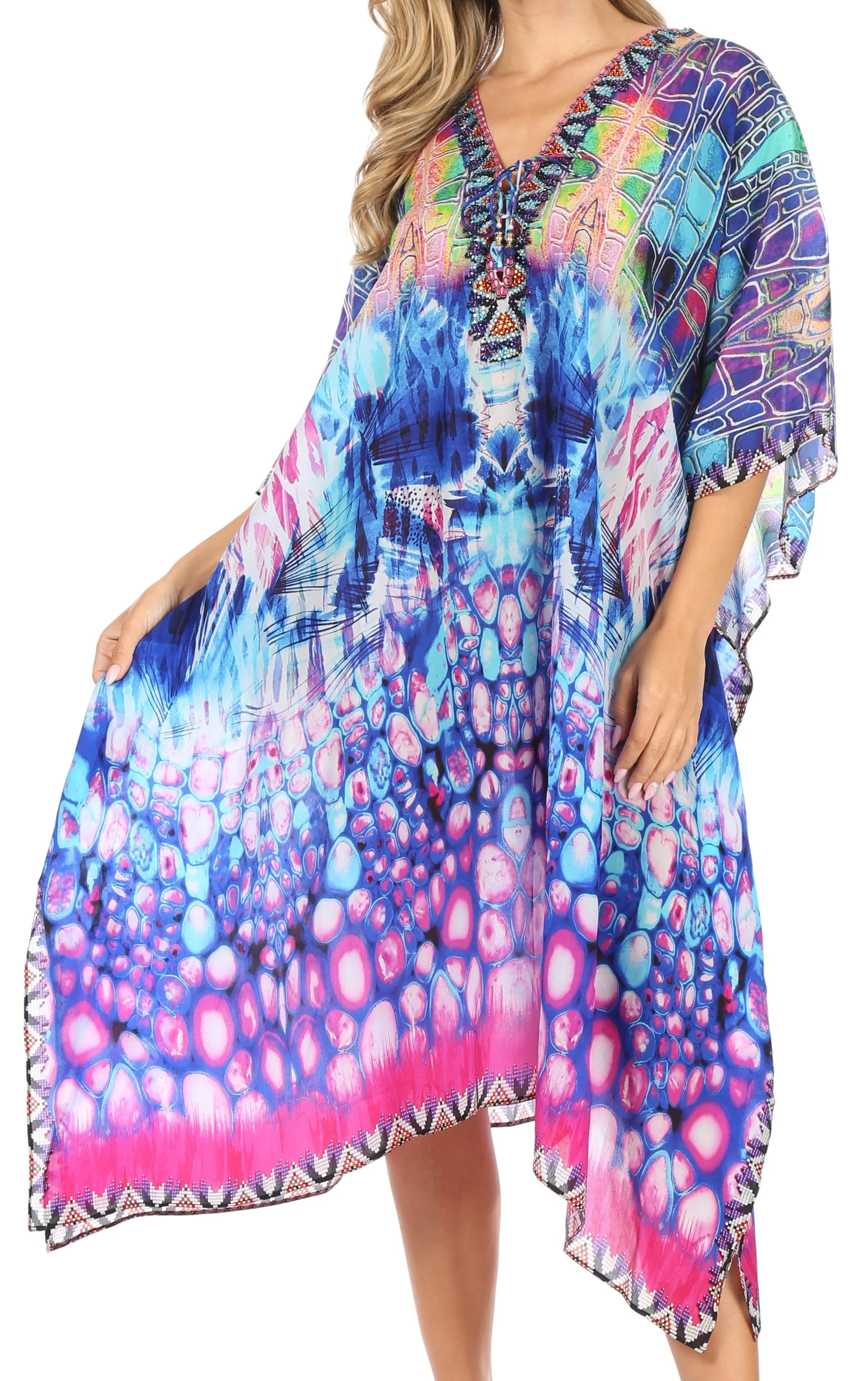 Sakkas Kristy Long Tall Lightweight Caftan Dress / Cover Up With V-Neck Jewels