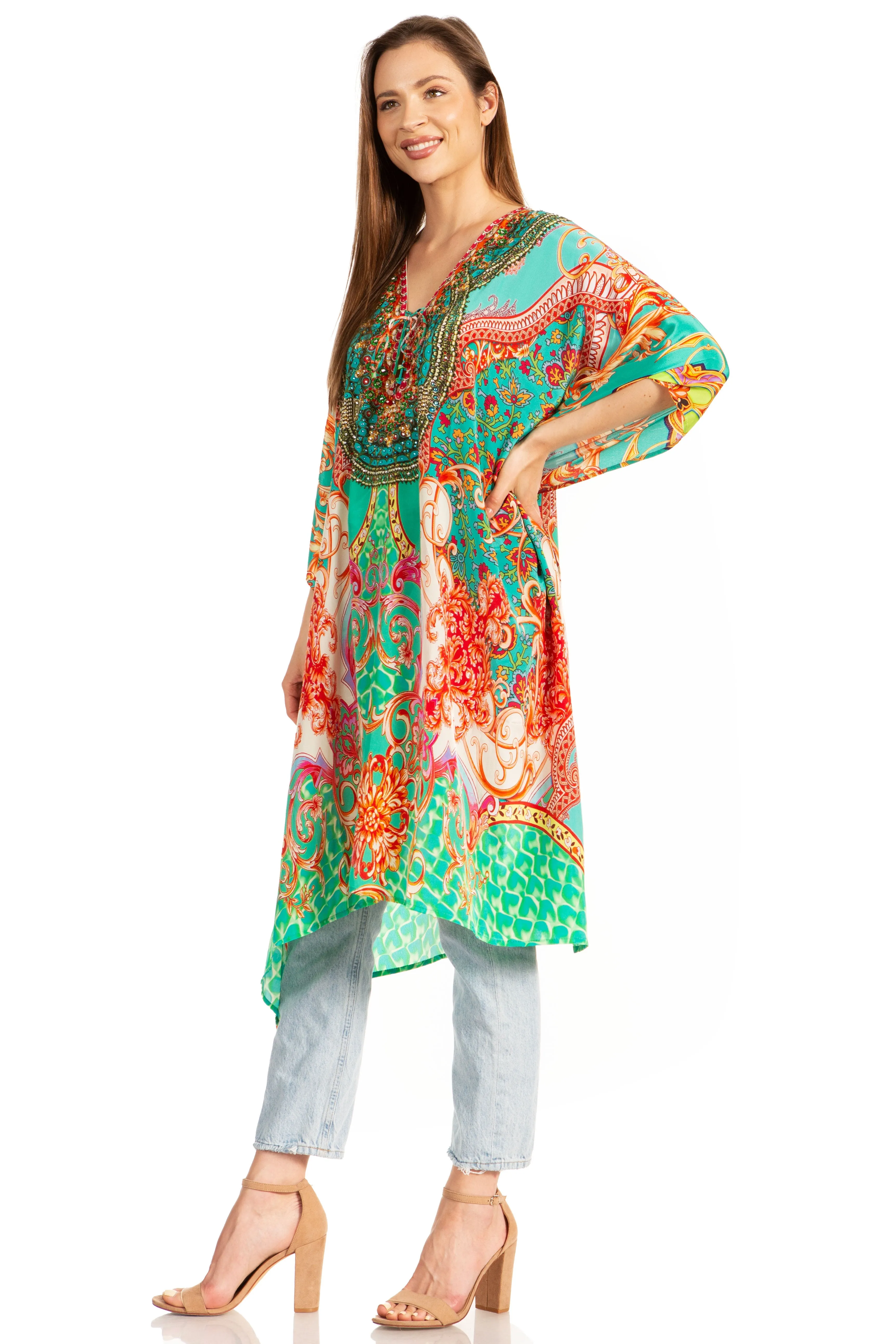 Sakkas Kristy Long Tall Lightweight Caftan Dress / Cover Up With V-Neck Jewels