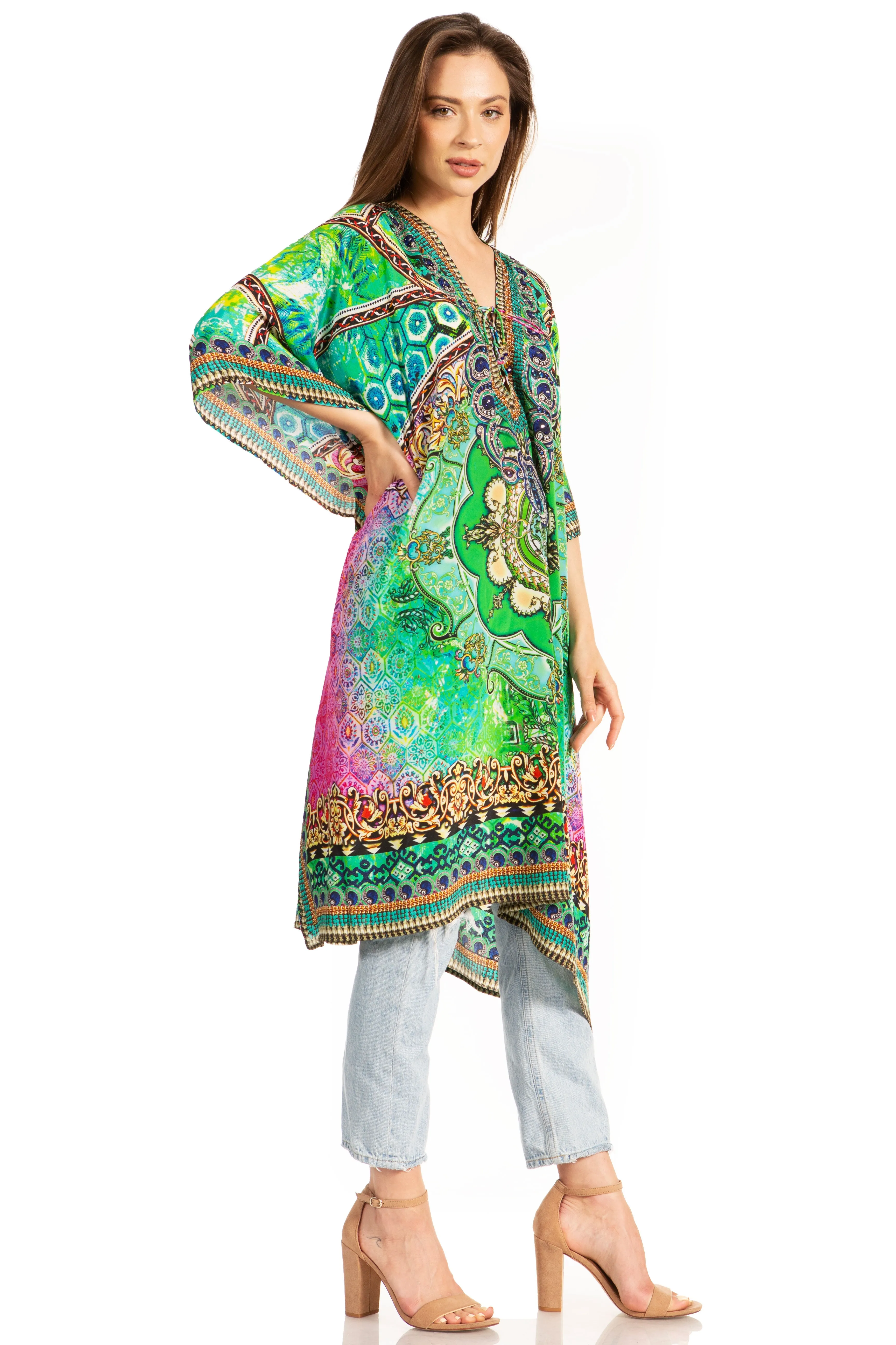 Sakkas Kristy Long Tall Lightweight Caftan Dress / Cover Up With V-Neck Jewels