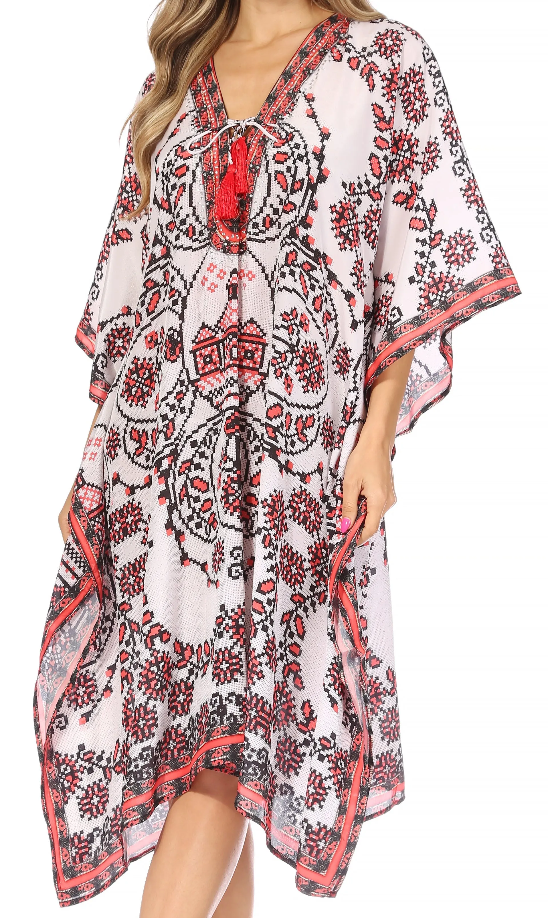 Sakkas Kristy Long Tall Lightweight Caftan Dress / Cover Up With V-Neck Jewels