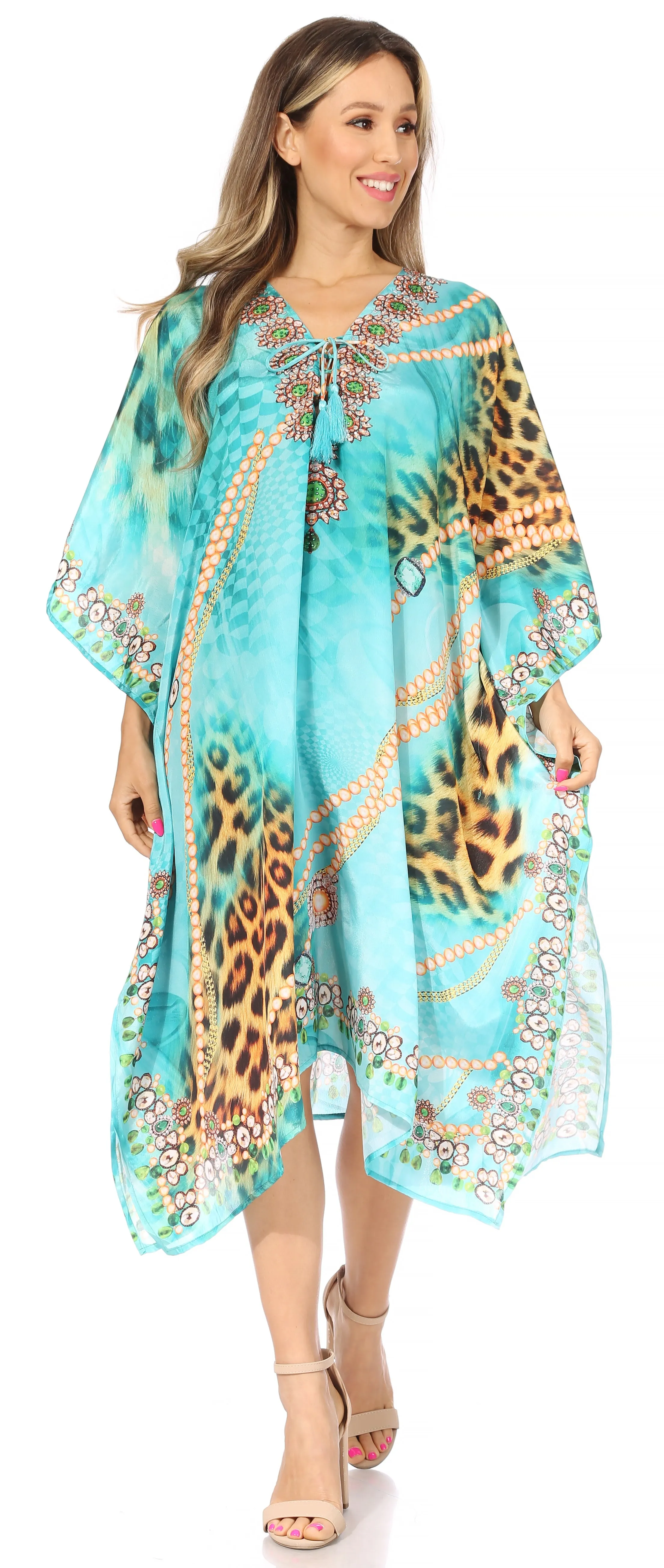 Sakkas Kristy Long Tall Lightweight Caftan Dress / Cover Up With V-Neck Jewels