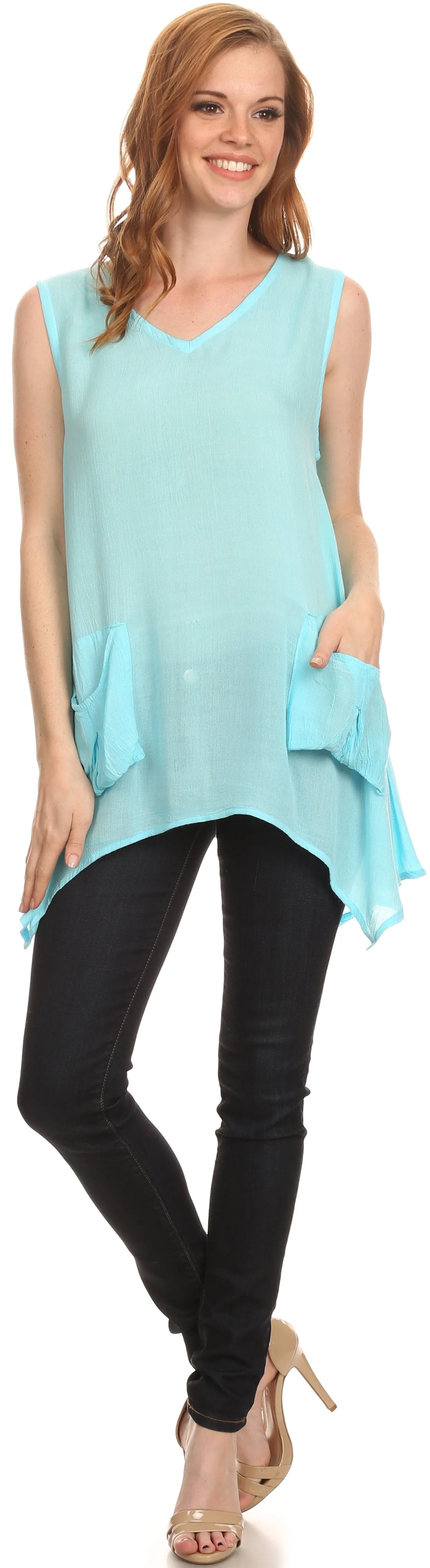 Sakkas Oprah Sleeveless Tank Side Tail Blouse Shirt Top With Two Front Pockets