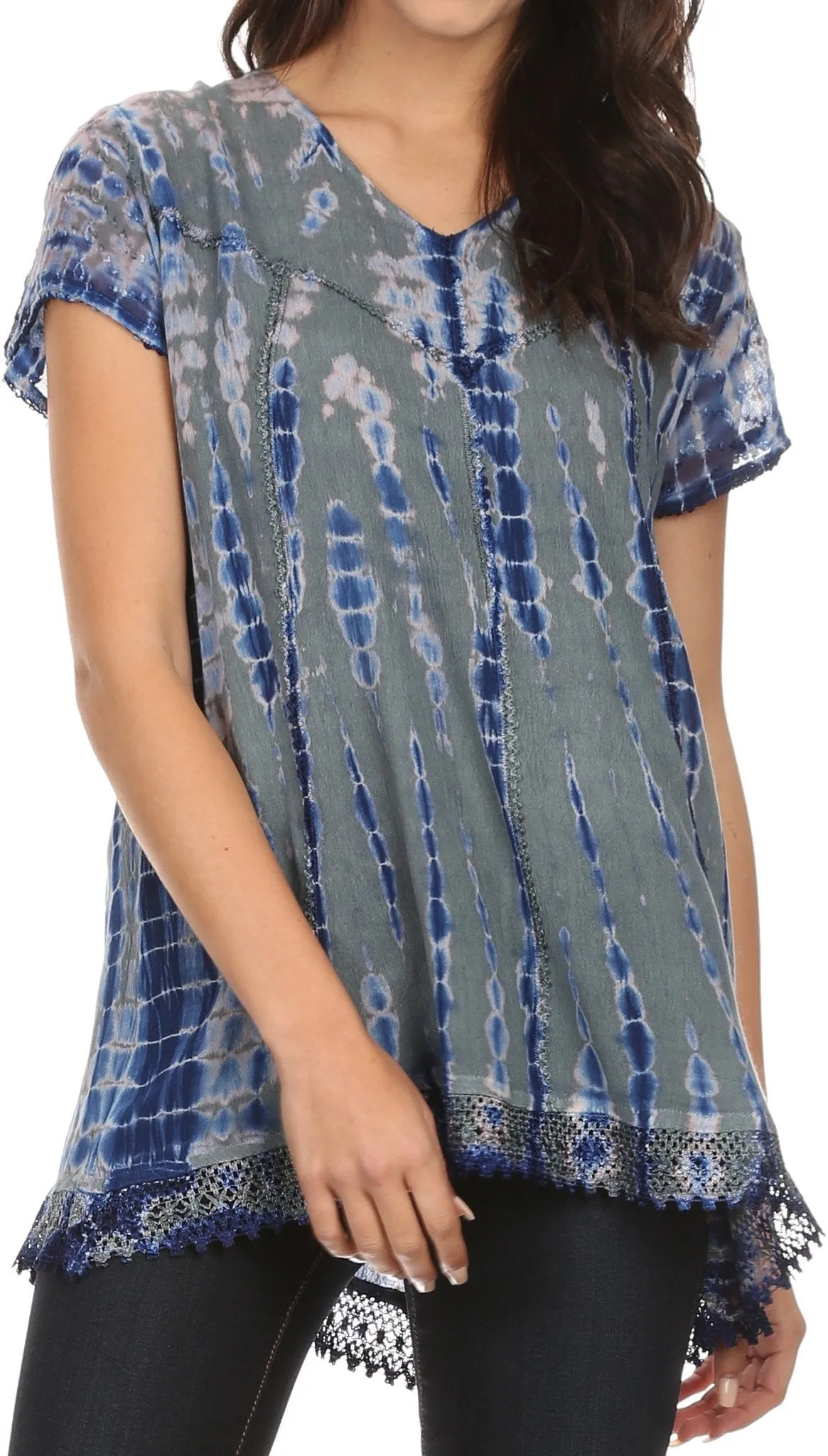 Sakkas Spala Long Tie Dye Embroidered Cap Sleeve Drop V Neck Blouse Shirt Top