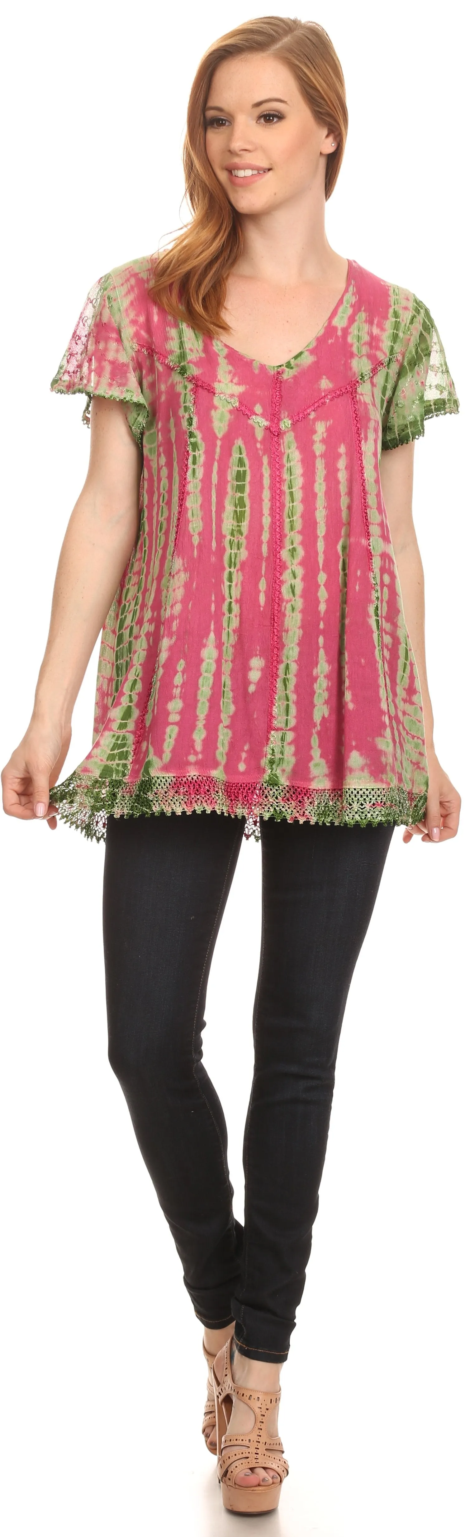 Sakkas Spala Long Tie Dye Embroidered Cap Sleeve Drop V Neck Blouse Shirt Top