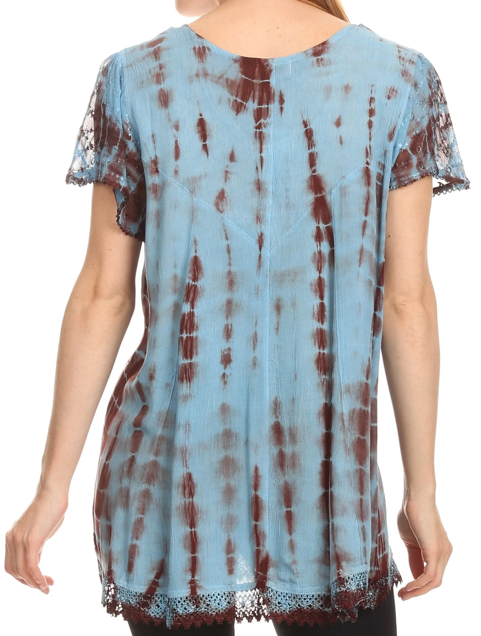 Sakkas Spala Long Tie Dye Embroidered Cap Sleeve Drop V Neck Blouse Shirt Top