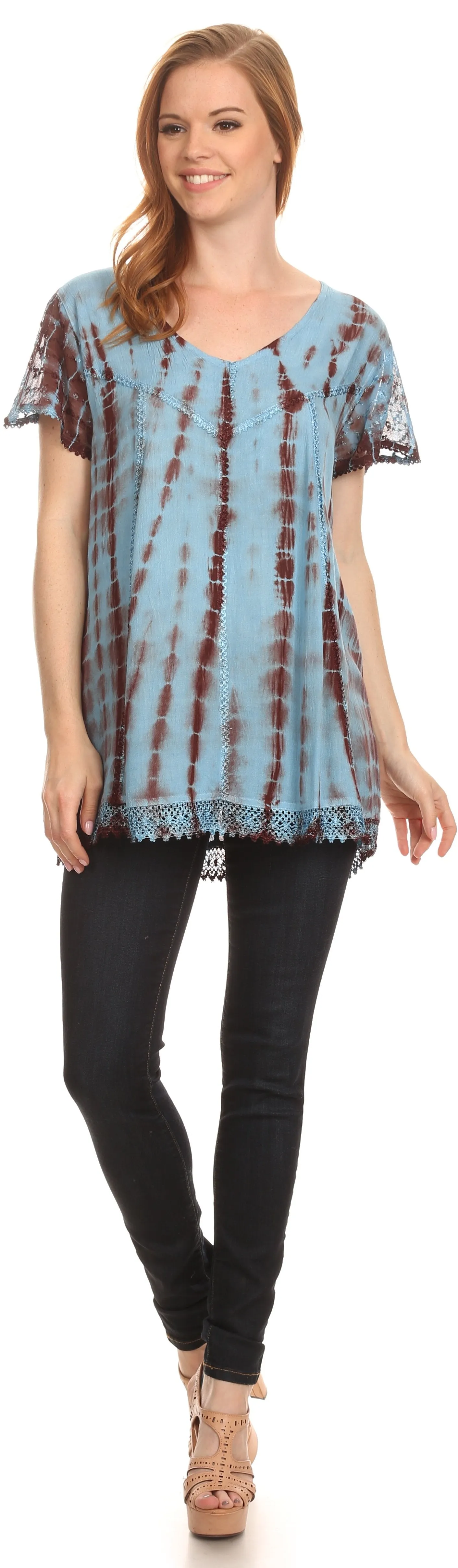 Sakkas Spala Long Tie Dye Embroidered Cap Sleeve Drop V Neck Blouse Shirt Top