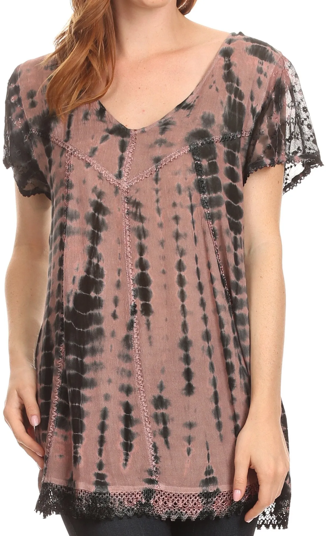 Sakkas Spala Long Tie Dye Embroidered Cap Sleeve Drop V Neck Blouse Shirt Top