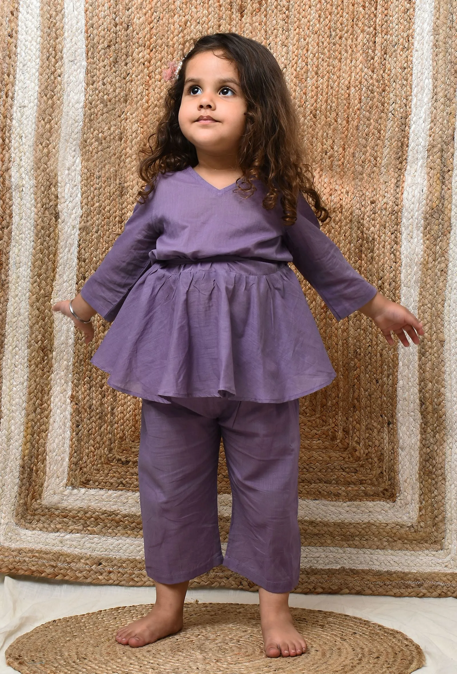 Set Of 2: Mauve Mul Mul Kurta With Pants