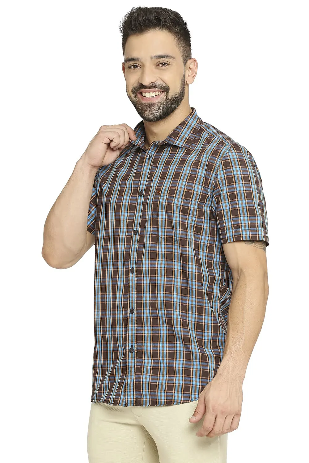 Slim Fit Cotton Polyester Checks Halfsleeves Shirt