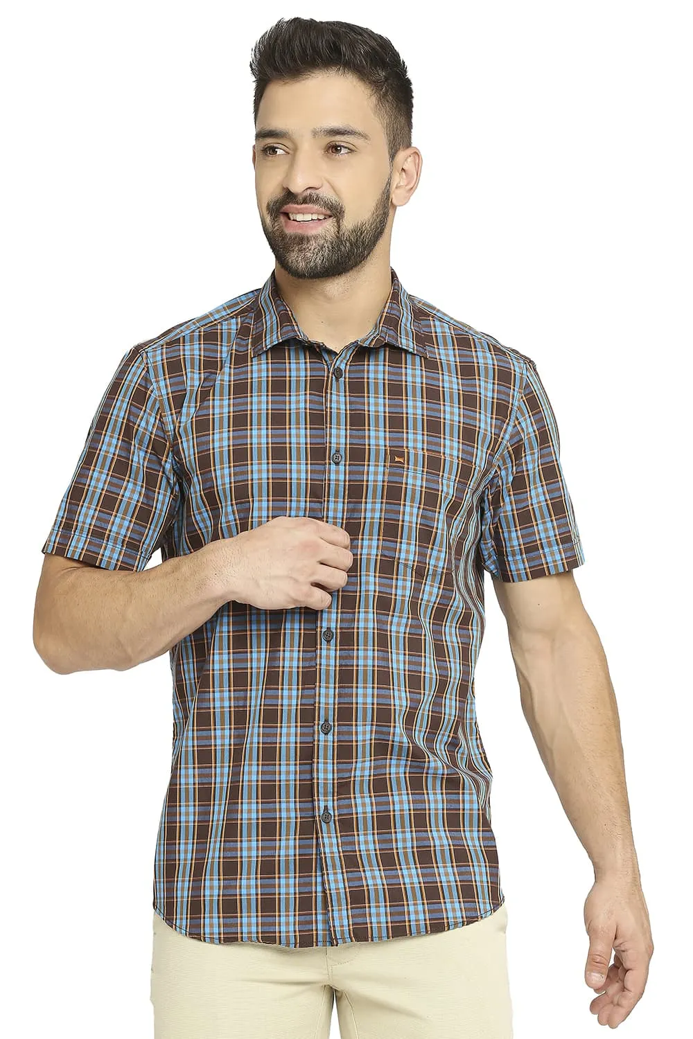 Slim Fit Cotton Polyester Checks Halfsleeves Shirt