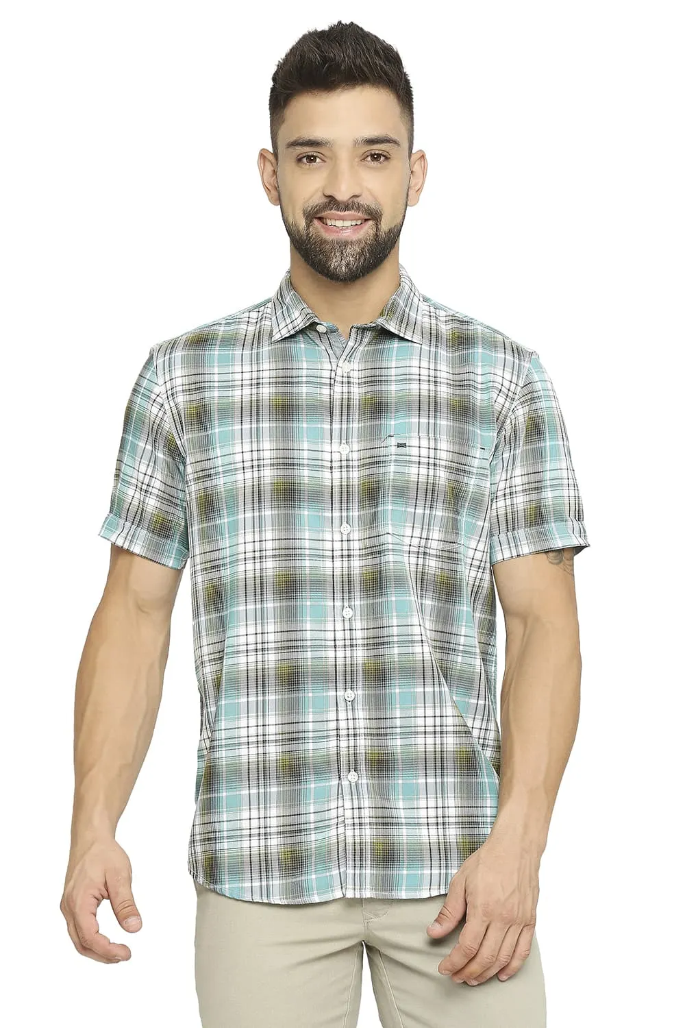 Slim Fit Cotton Polyester Twill Checks Halfsleeves Shirt