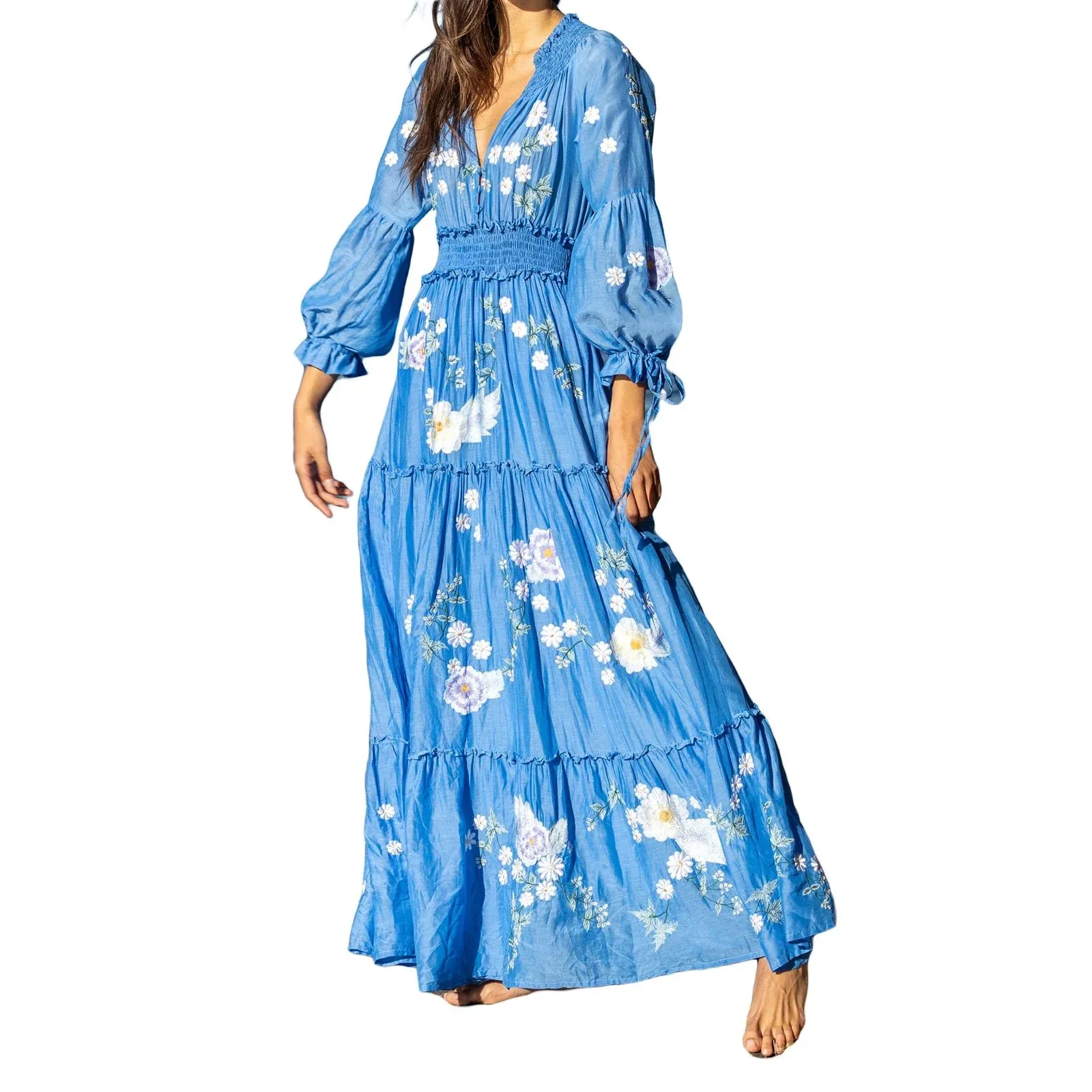 Summer Beach Casual Floral Print V-Neck Long Sleeve Fashion Holiday Maxi pring Dress