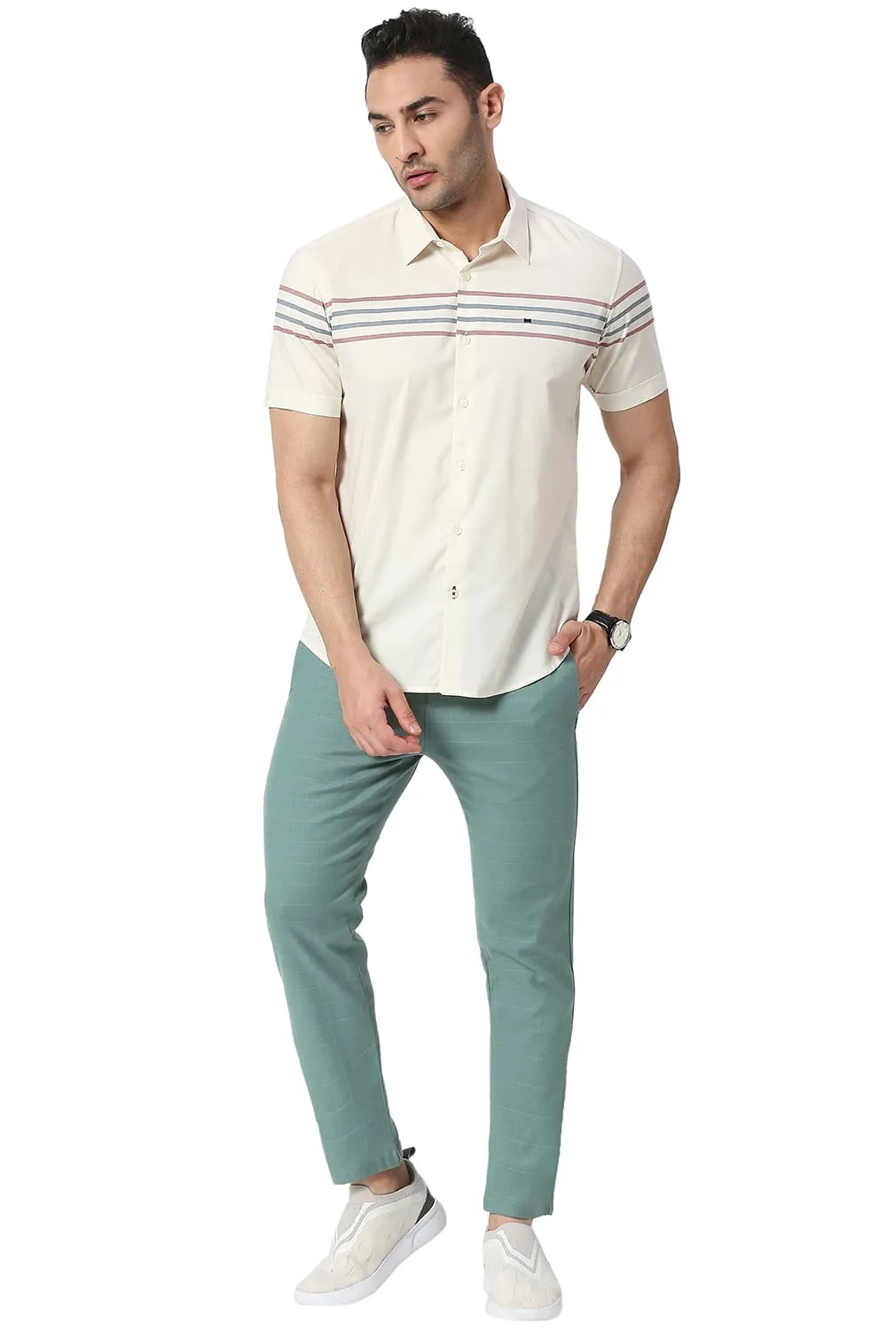 Tapered Fit Cotton Polyester Stretch Checks Trousers