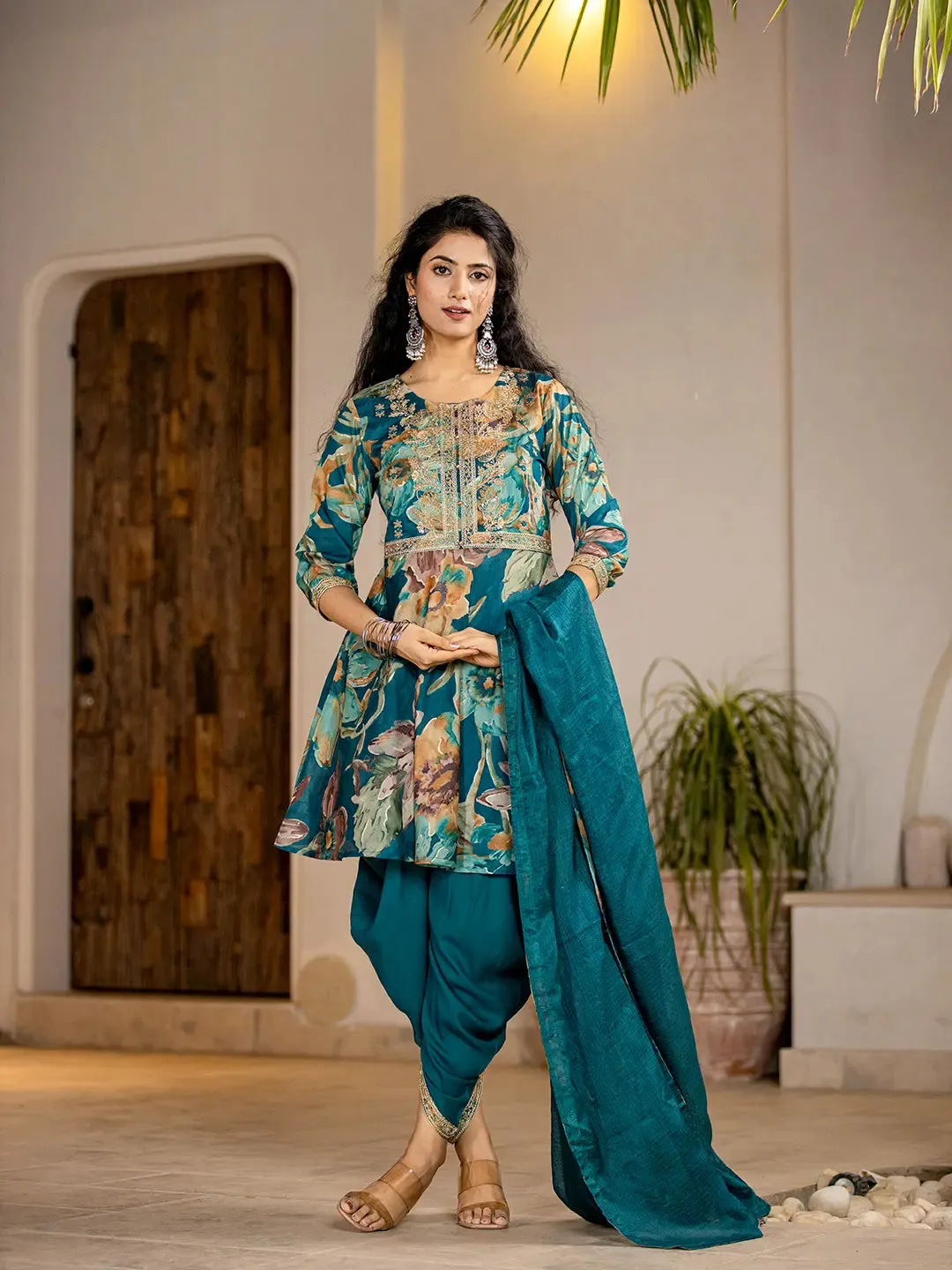 Tea Blue Peplum Cotton Floral Print & Embroidered Kurta with Rayon Dhoti Set with Dupatta