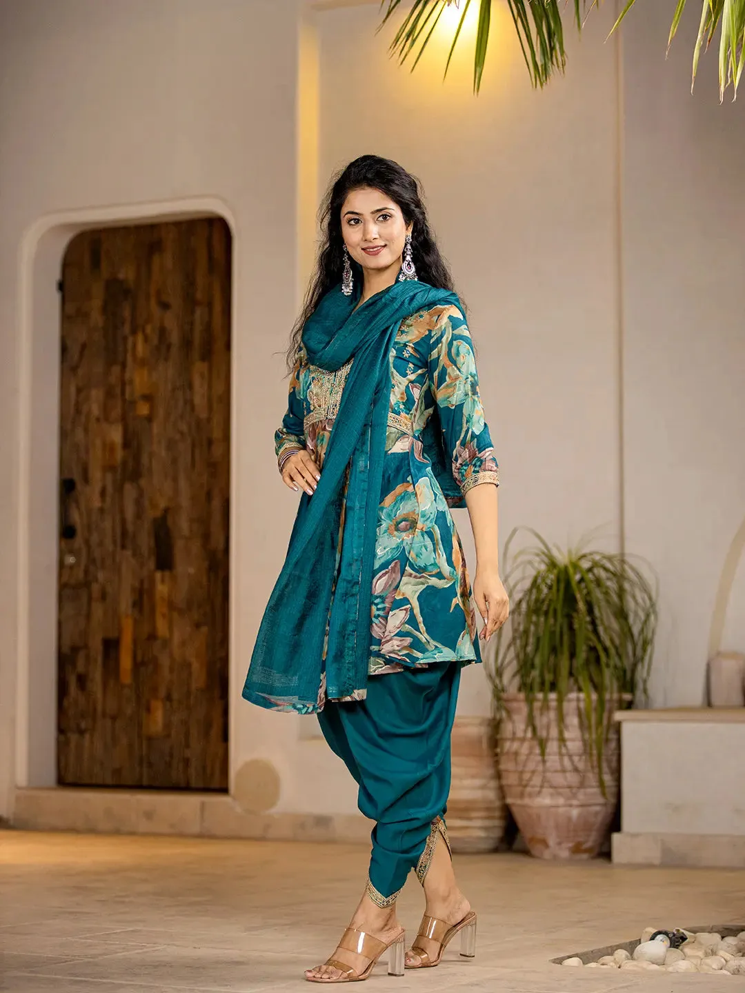 Tea Blue Peplum Cotton Floral Print & Embroidered Kurta with Rayon Dhoti Set with Dupatta