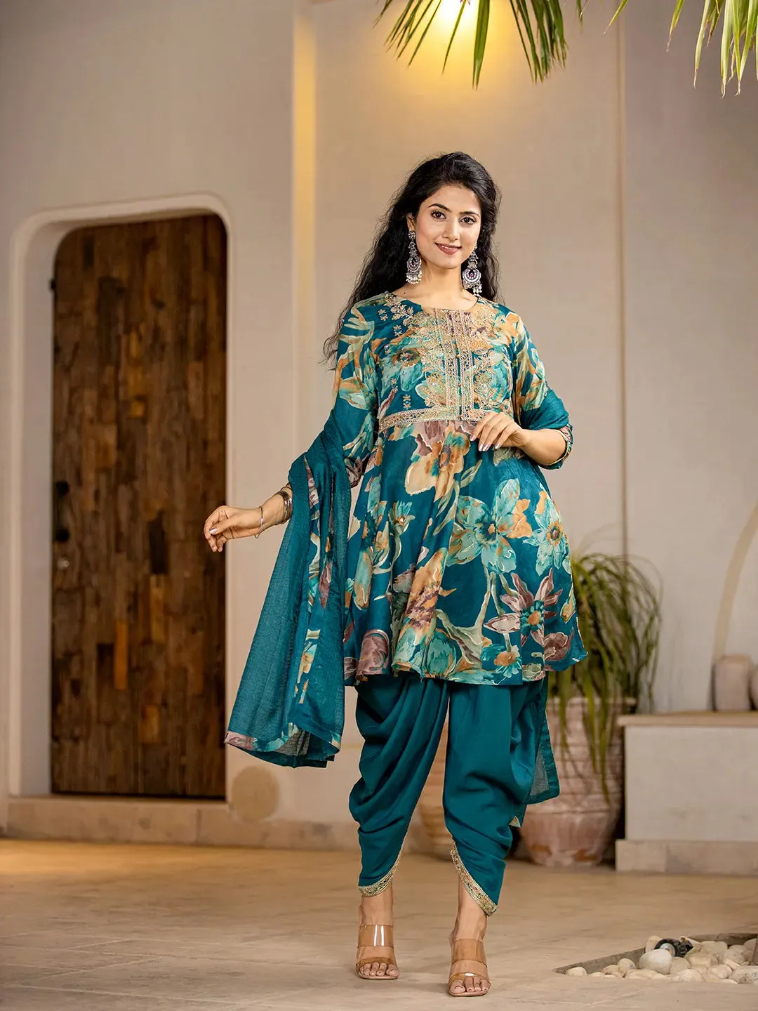 Tea Blue Peplum Cotton Floral Print & Embroidered Kurta with Rayon Dhoti Set with Dupatta