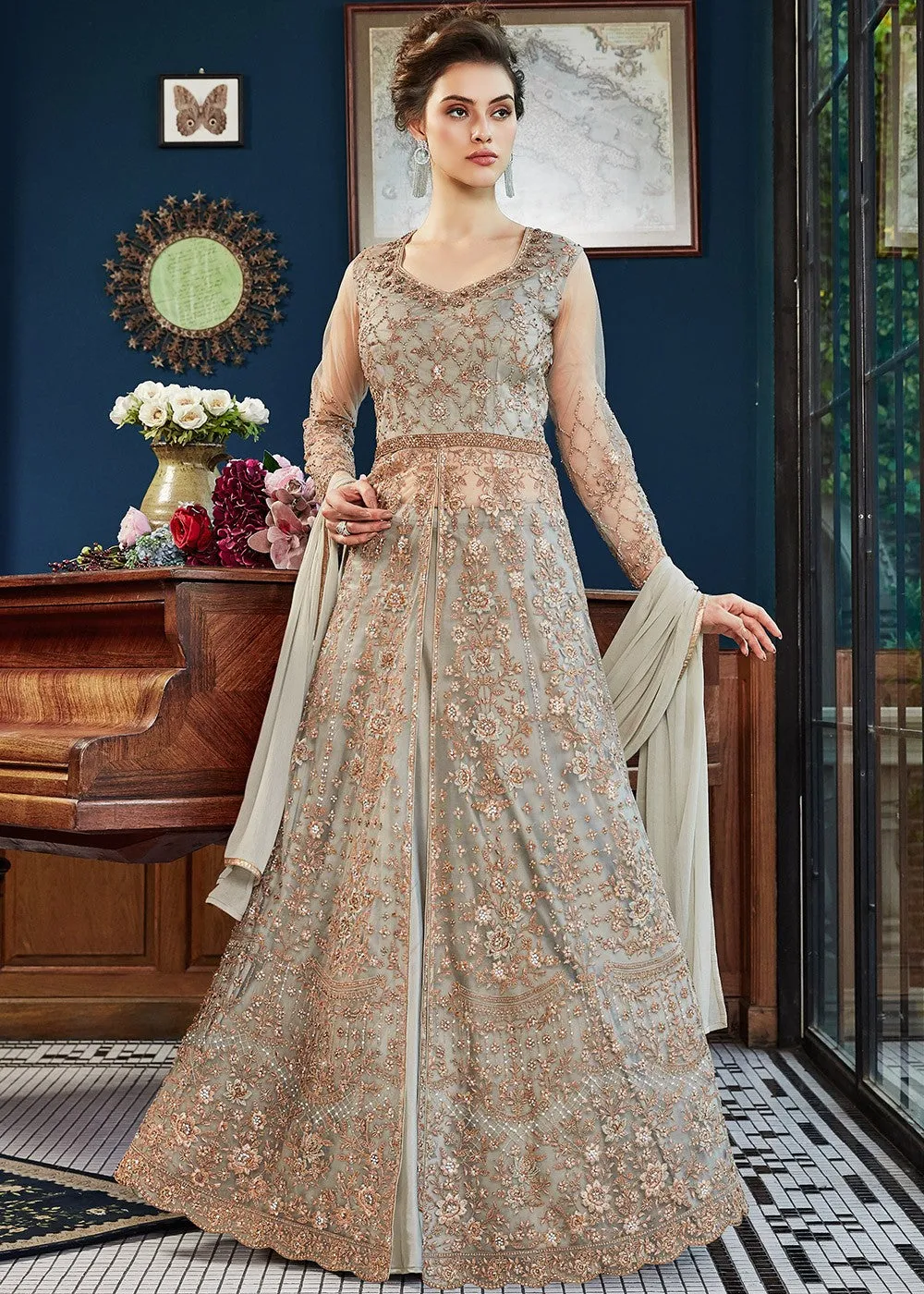 Teal And Golden Embellished Wedding Anarkali Lehenga Suit