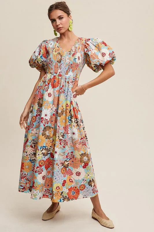 TEEK - Aqua Flower Smocked V-neck Puff Sleeve Dress