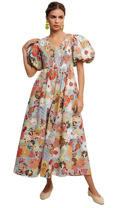 TEEK - Aqua Flower Smocked V-neck Puff Sleeve Dress