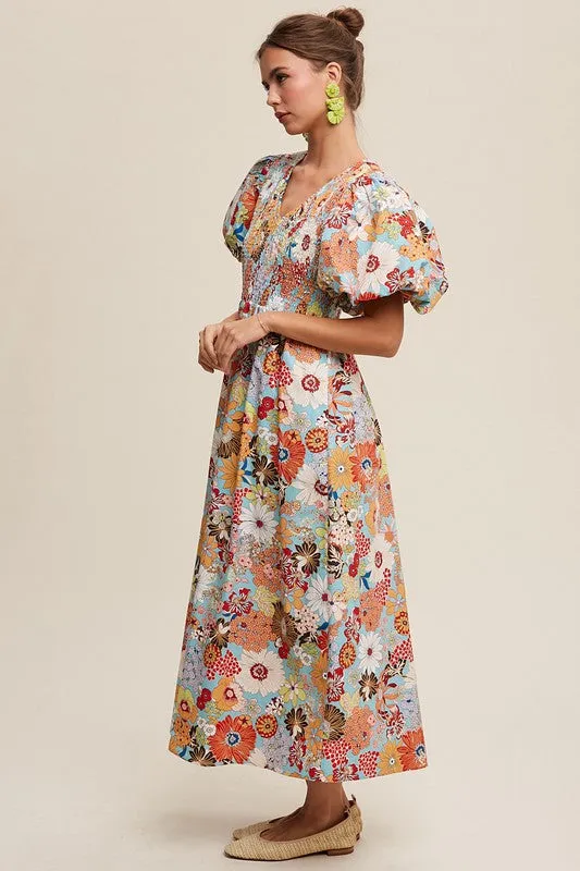 TEEK - Aqua Flower Smocked V-neck Puff Sleeve Dress