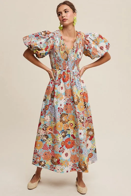 TEEK - Aqua Flower Smocked V-neck Puff Sleeve Dress