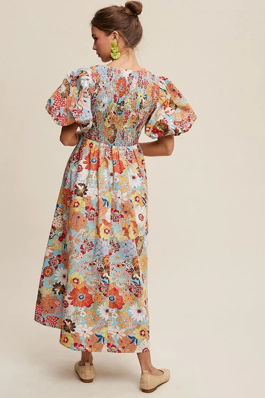 TEEK - Aqua Flower Smocked V-neck Puff Sleeve Dress