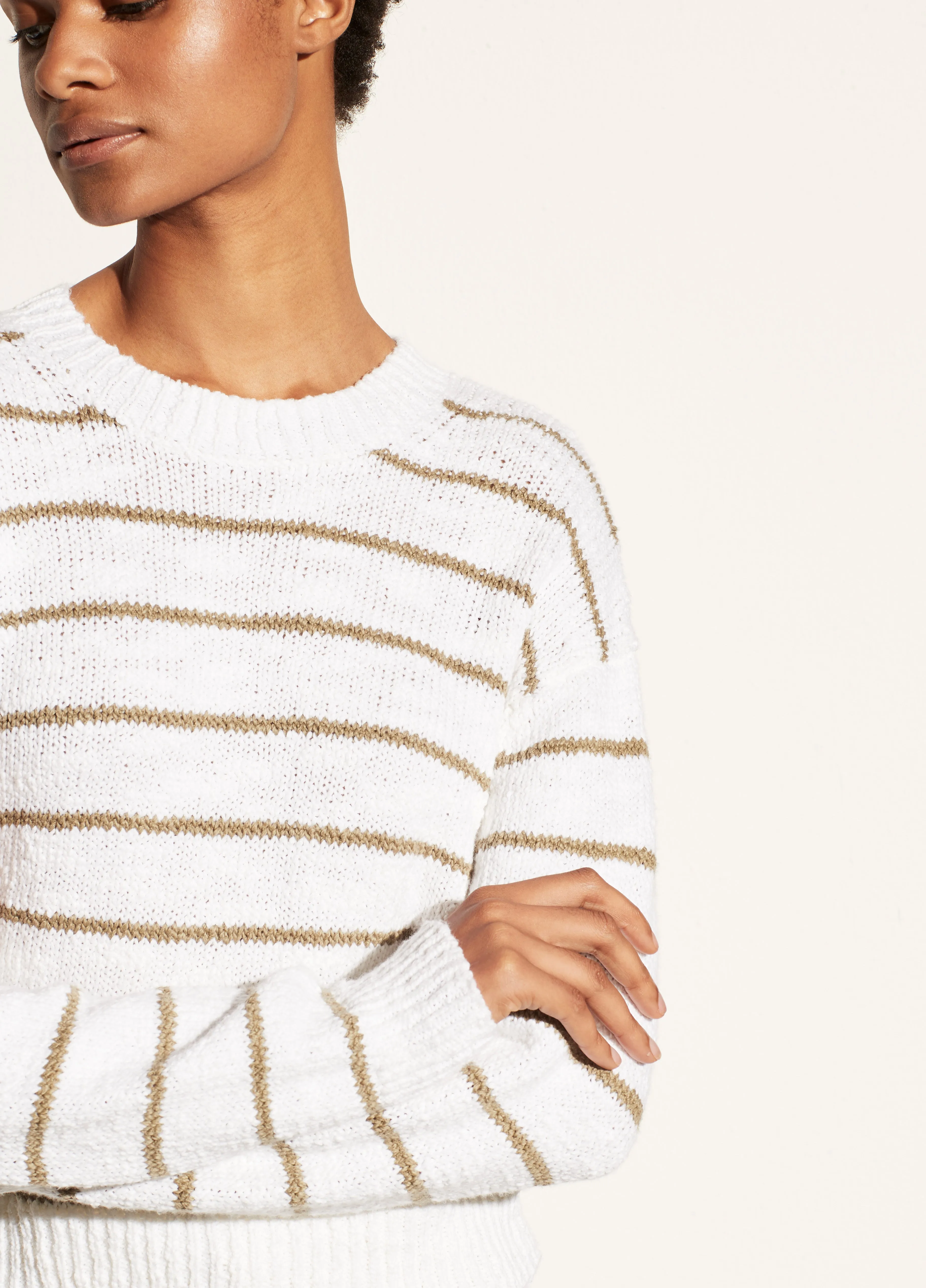 Textured Stripe Crew in Optic White/Bay Leaf