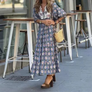 Tie-up Printed Bohemian High Street V-Neck Spring Summer Loose Ruffles Floral Elegant Dress