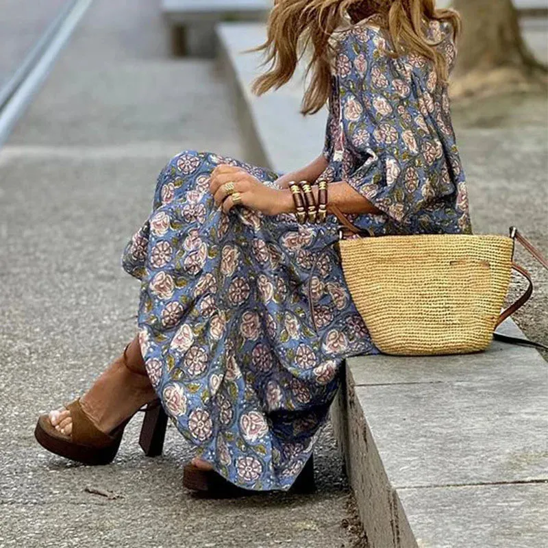 Tie-up Printed Bohemian High Street V-Neck Spring Summer Loose Ruffles Floral Elegant Dress