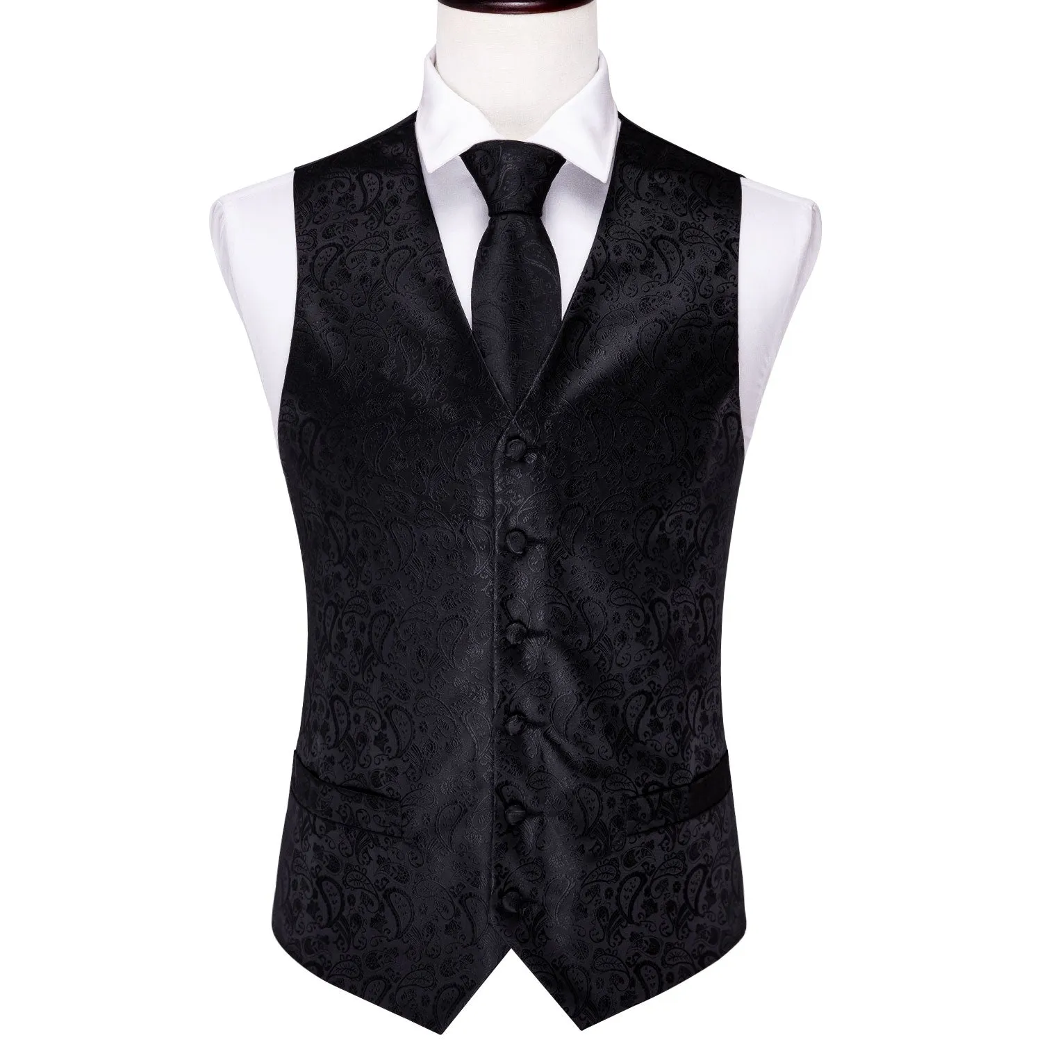 Ties2you Black Paisley Vest Luxury Silk Men's Vest Tie Hanky Cufflinks Set Waistcoat Suit Set