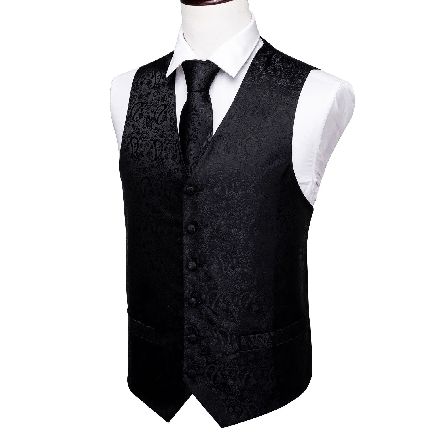 Ties2you Black Paisley Vest Luxury Silk Men's Vest Tie Hanky Cufflinks Set Waistcoat Suit Set