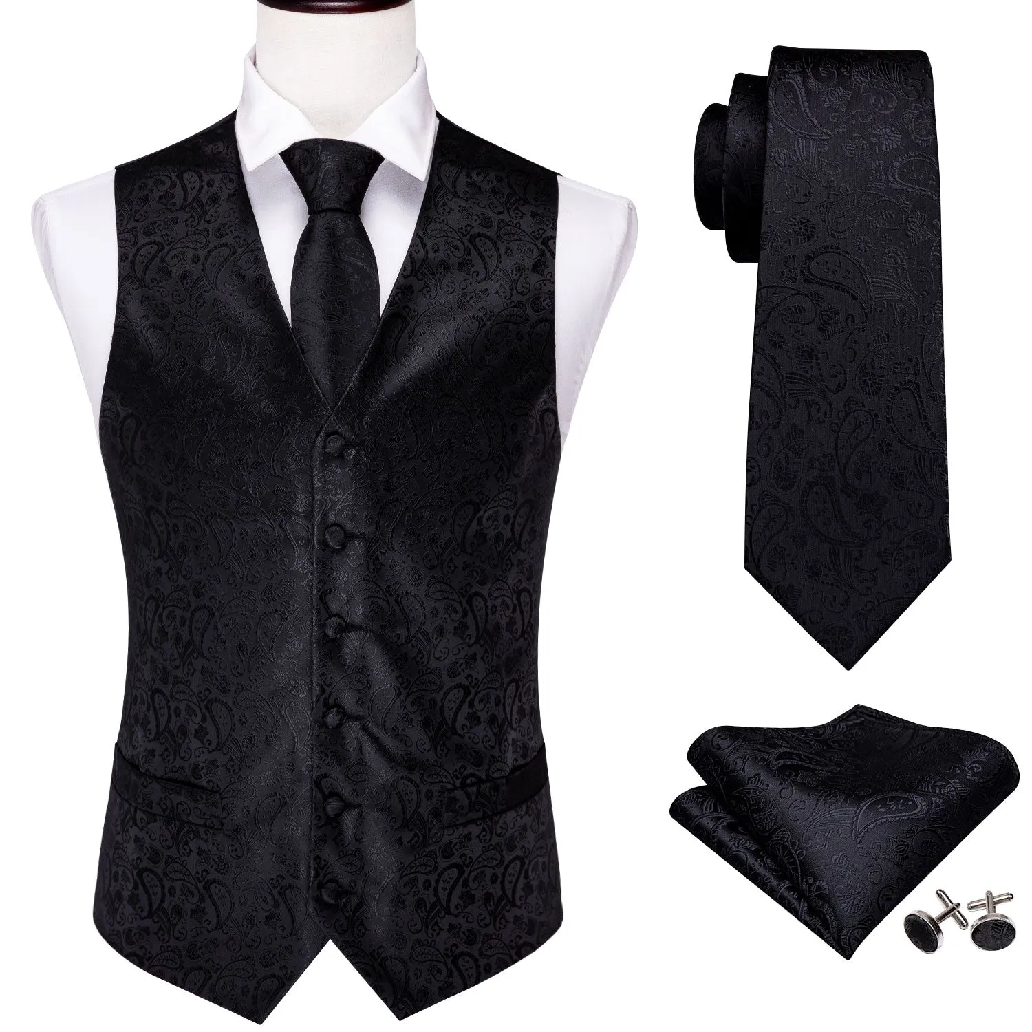 Ties2you Black Paisley Vest Luxury Silk Men's Vest Tie Hanky Cufflinks Set Waistcoat Suit Set